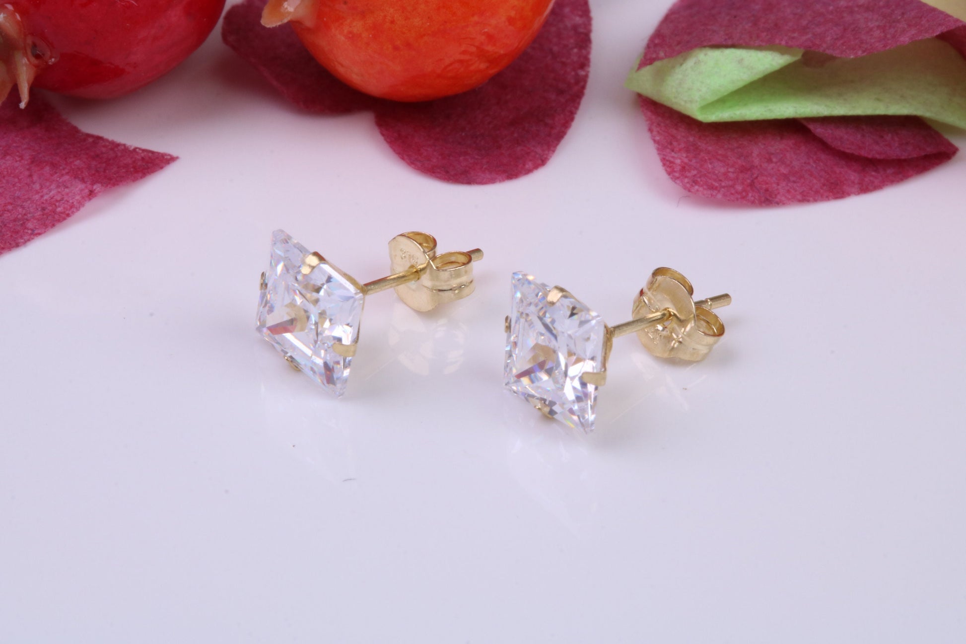 6 mm Square Cubic Zirconia set Stud Earrings, Made from Solid 9ct Yellow Gold