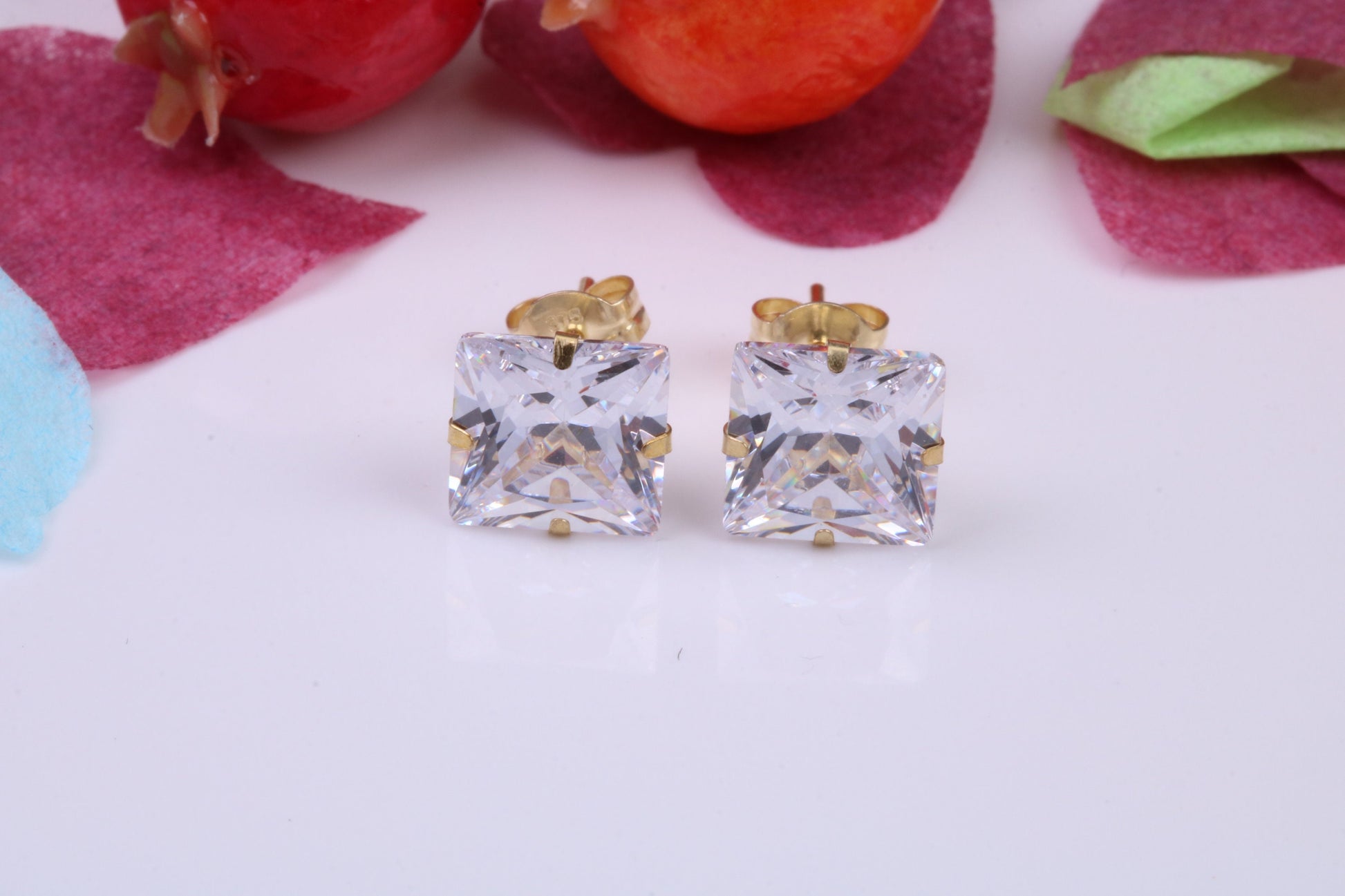 7 mm Square Cubic Zirconia set Stud Earrings, Made from Solid 9ct Yellow Gold