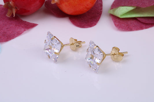 7 mm Square Cubic Zirconia set Stud Earrings, Made from Solid 9ct Yellow Gold