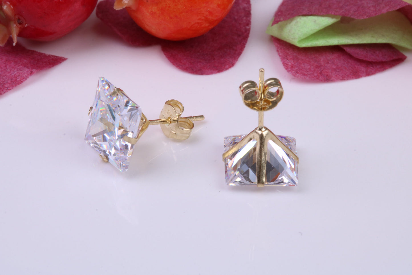 8 mm Square Cubic Zirconia set Stud Earrings, Made from Solid 9ct Yellow Gold