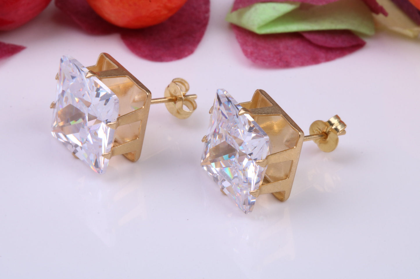 10 mm Square Basket set Cubic Zirconia Stud Earrings, Made from Solid 9ct Yellow Gold, 8 Claw Setting