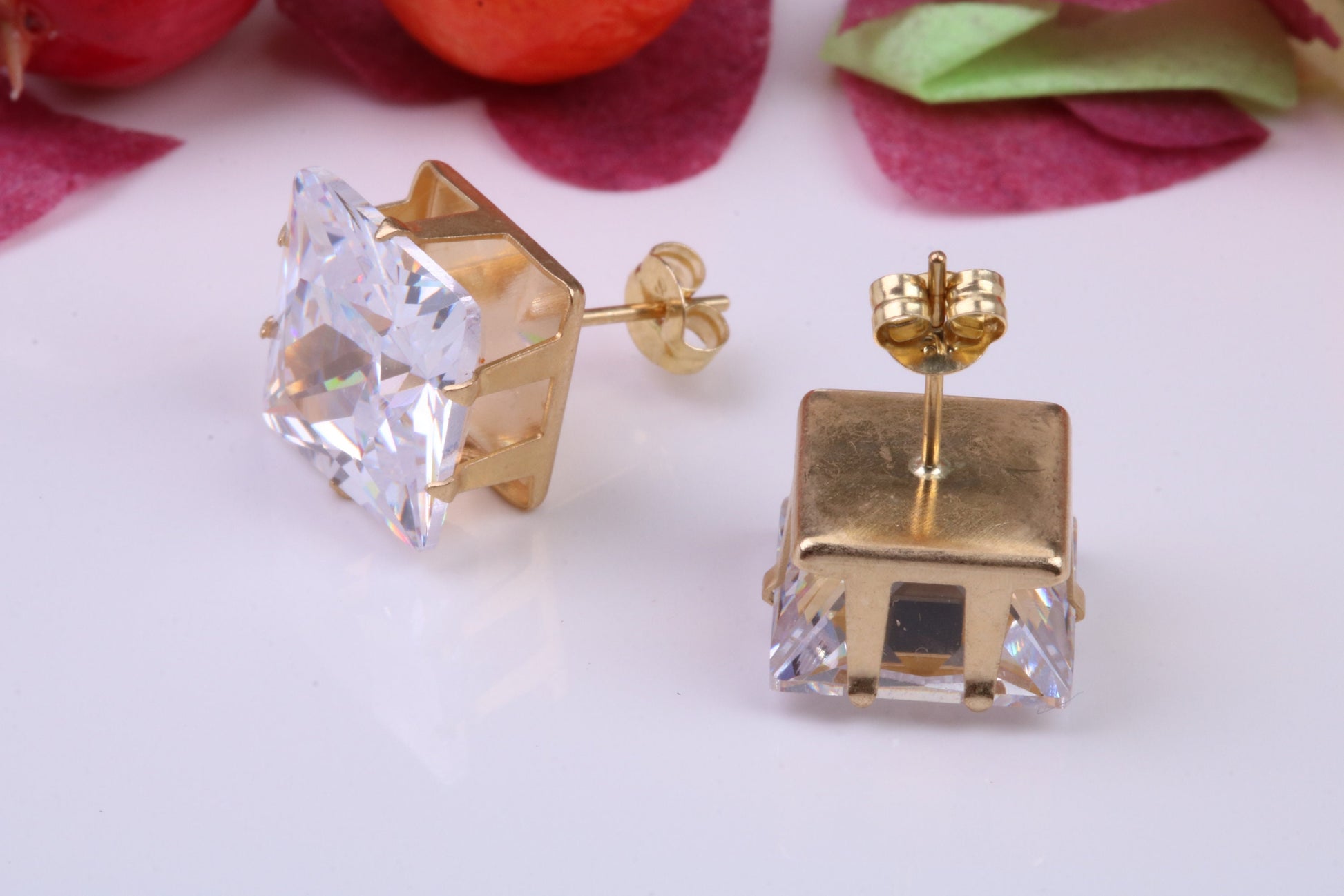 10 mm Square Basket set Cubic Zirconia Stud Earrings, Made from Solid 9ct Yellow Gold, 8 Claw Setting