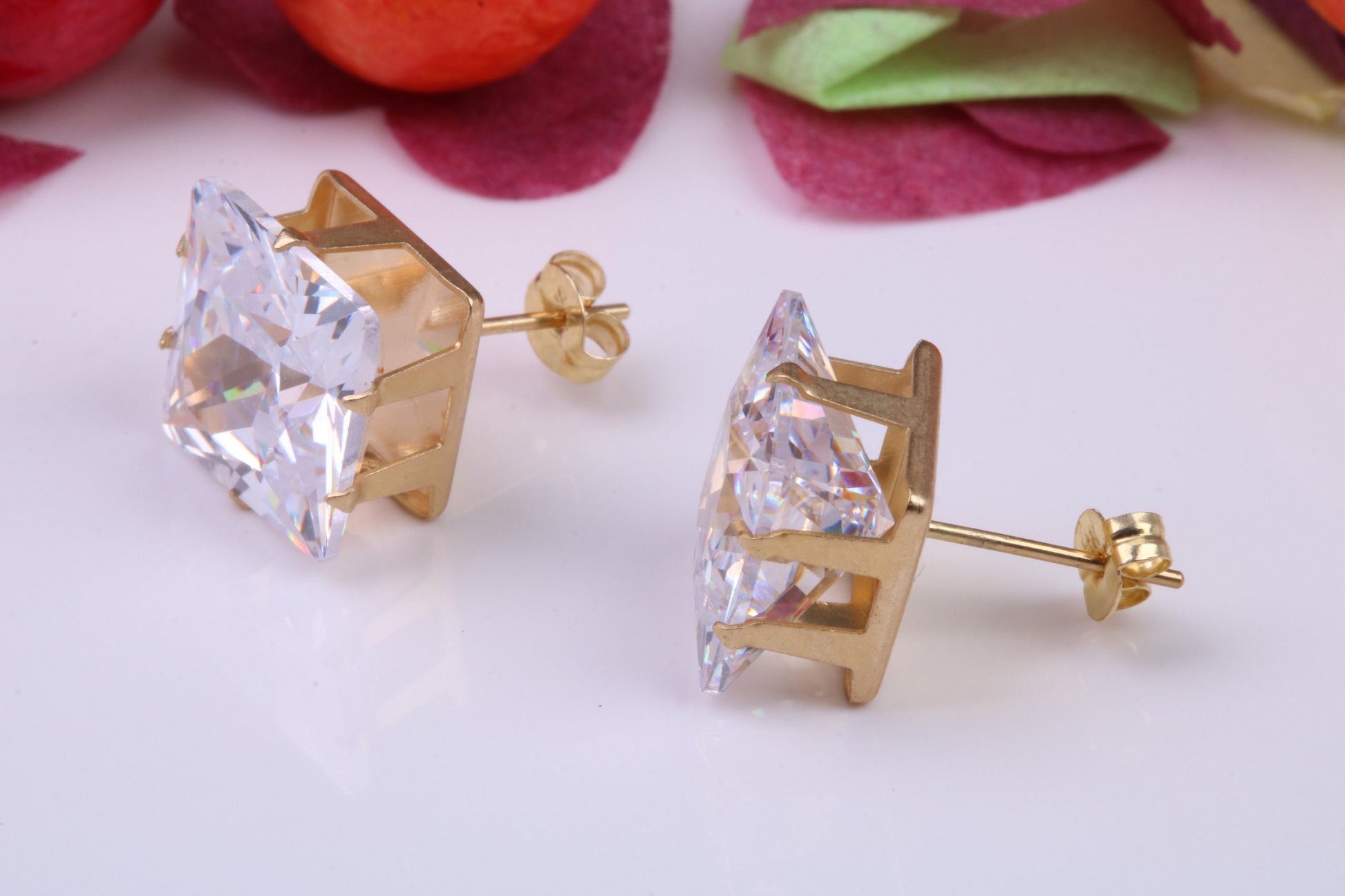 10 mm Square Basket set Cubic Zirconia Stud Earrings, Made from Solid 9ct Yellow Gold, 8 Claw Setting