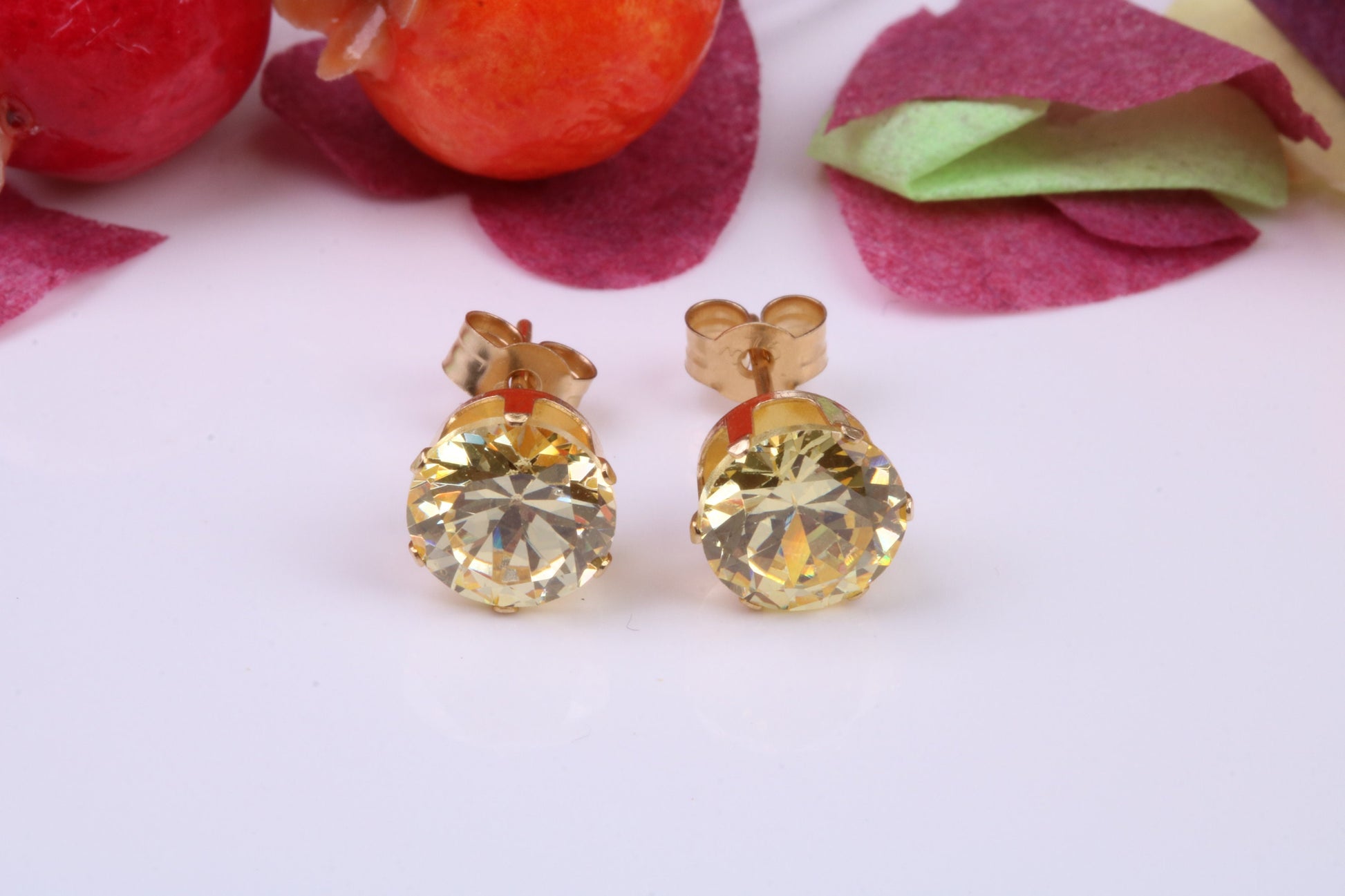 7 mm Round Citrine Cubic Zirconia set Stud Earrings, Made from Solid 9ct Yellow Gold