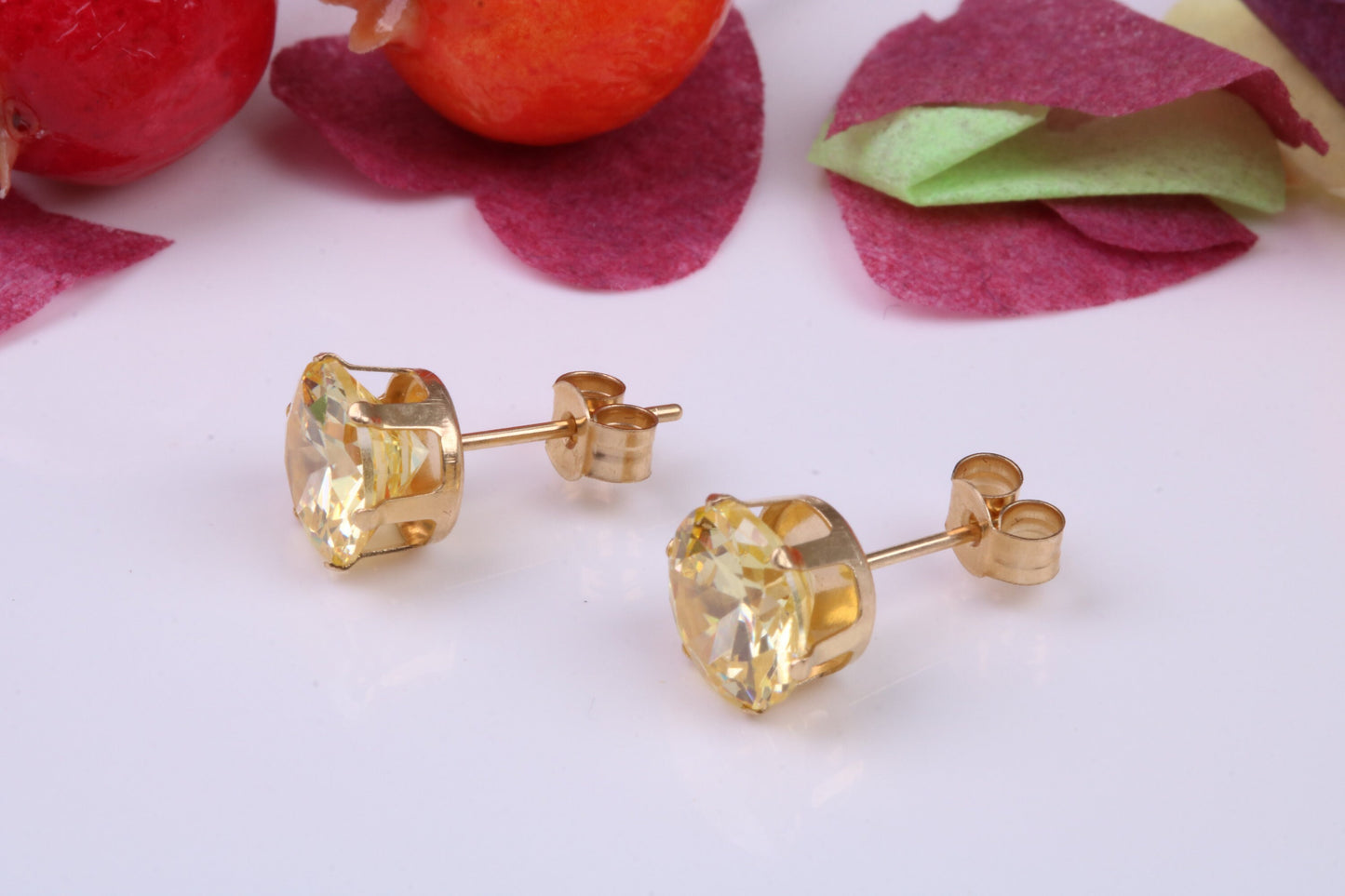 8 mm Round Citrine Cubic Zirconia set Stud Earrings, Made from Solid 9ct Yellow Gold