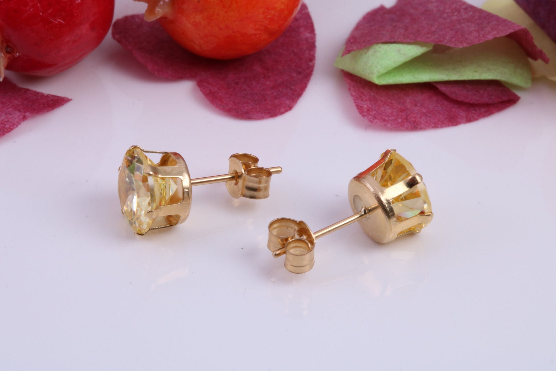 8 mm Round Citrine Cubic Zirconia set Stud Earrings, Made from Solid 9ct Yellow Gold