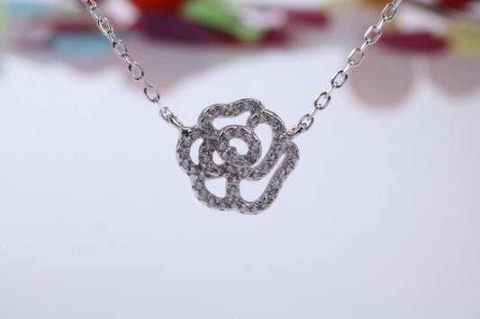 Flower Cubic Zirconia set Necklace, made from solid Sterling Silver, Length Adjustable Chain