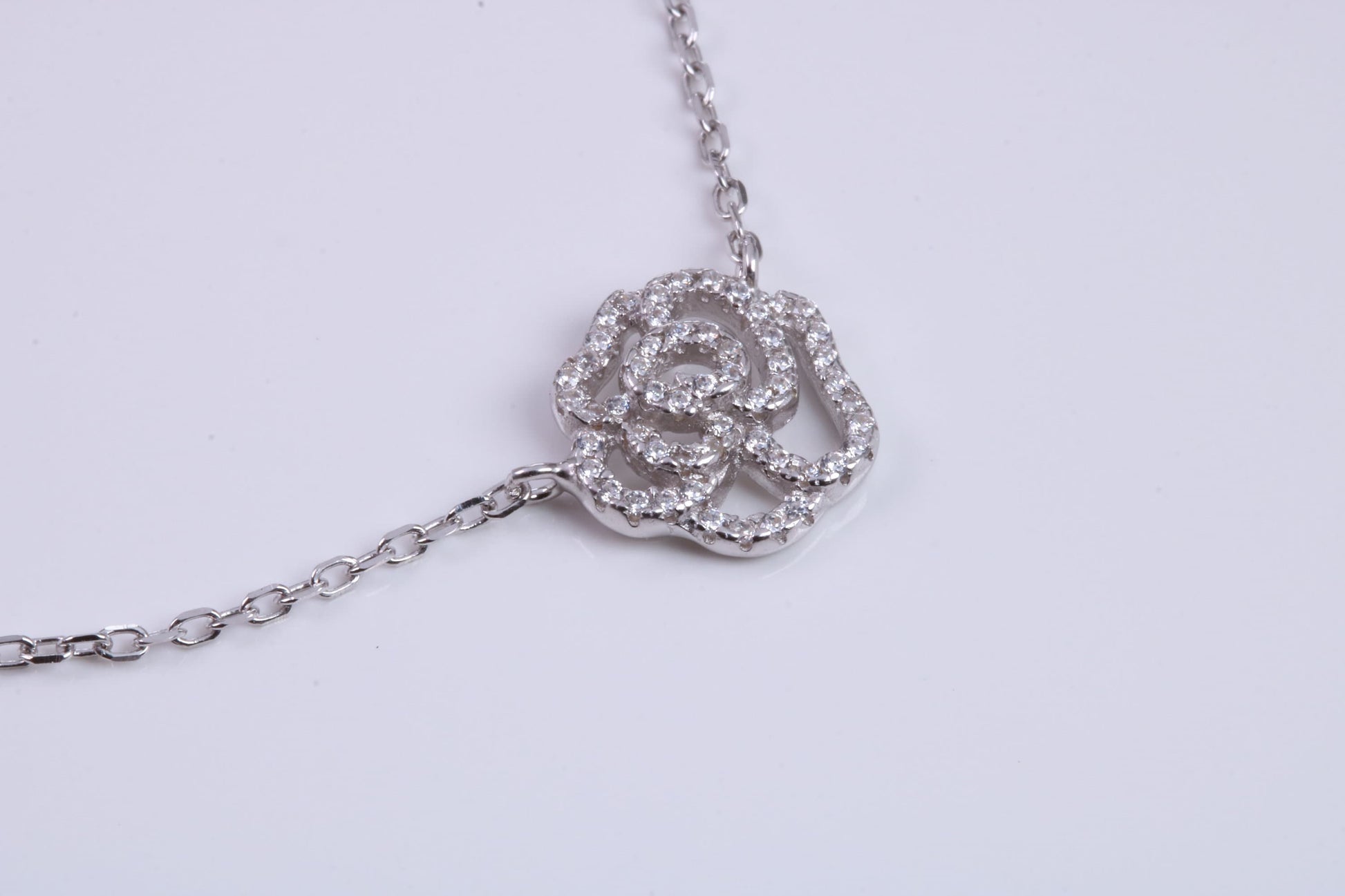 Flower Cubic Zirconia set Necklace, made from solid Sterling Silver, Length Adjustable Chain