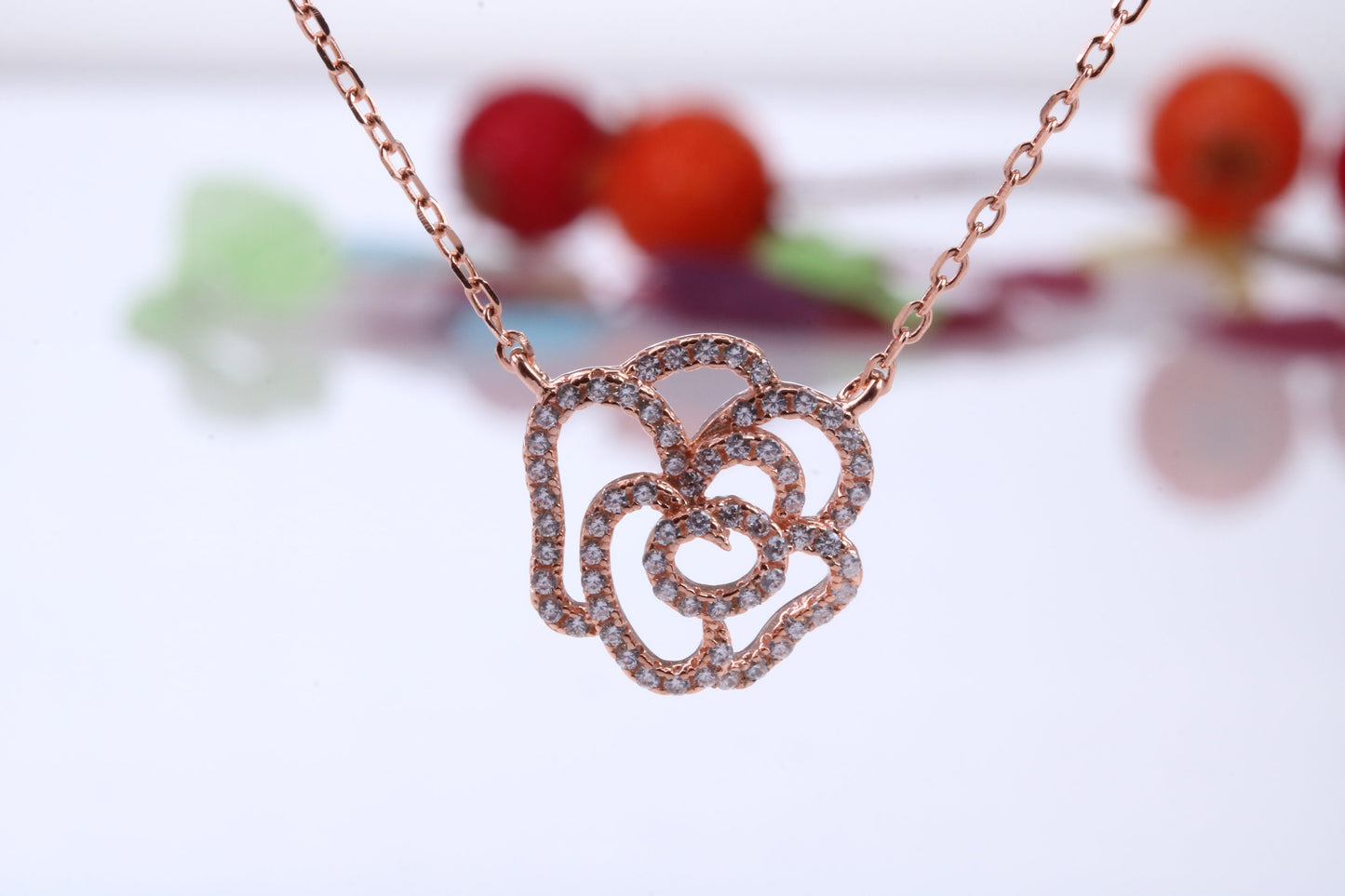 Flower Cubic Zirconia set Necklace, made from solid Sterling Silver, Length Adjustable Chain, 18ct Rose Gold Plated