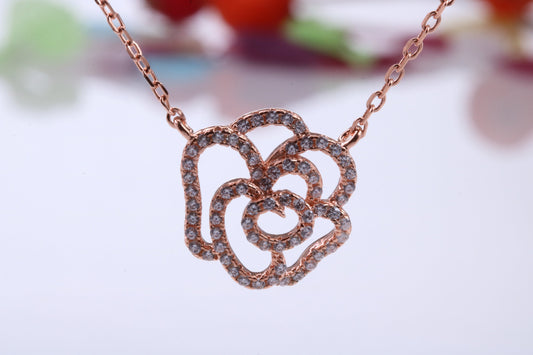 Flower Cubic Zirconia set Necklace, made from solid Sterling Silver, Length Adjustable Chain, 18ct Rose Gold Plated