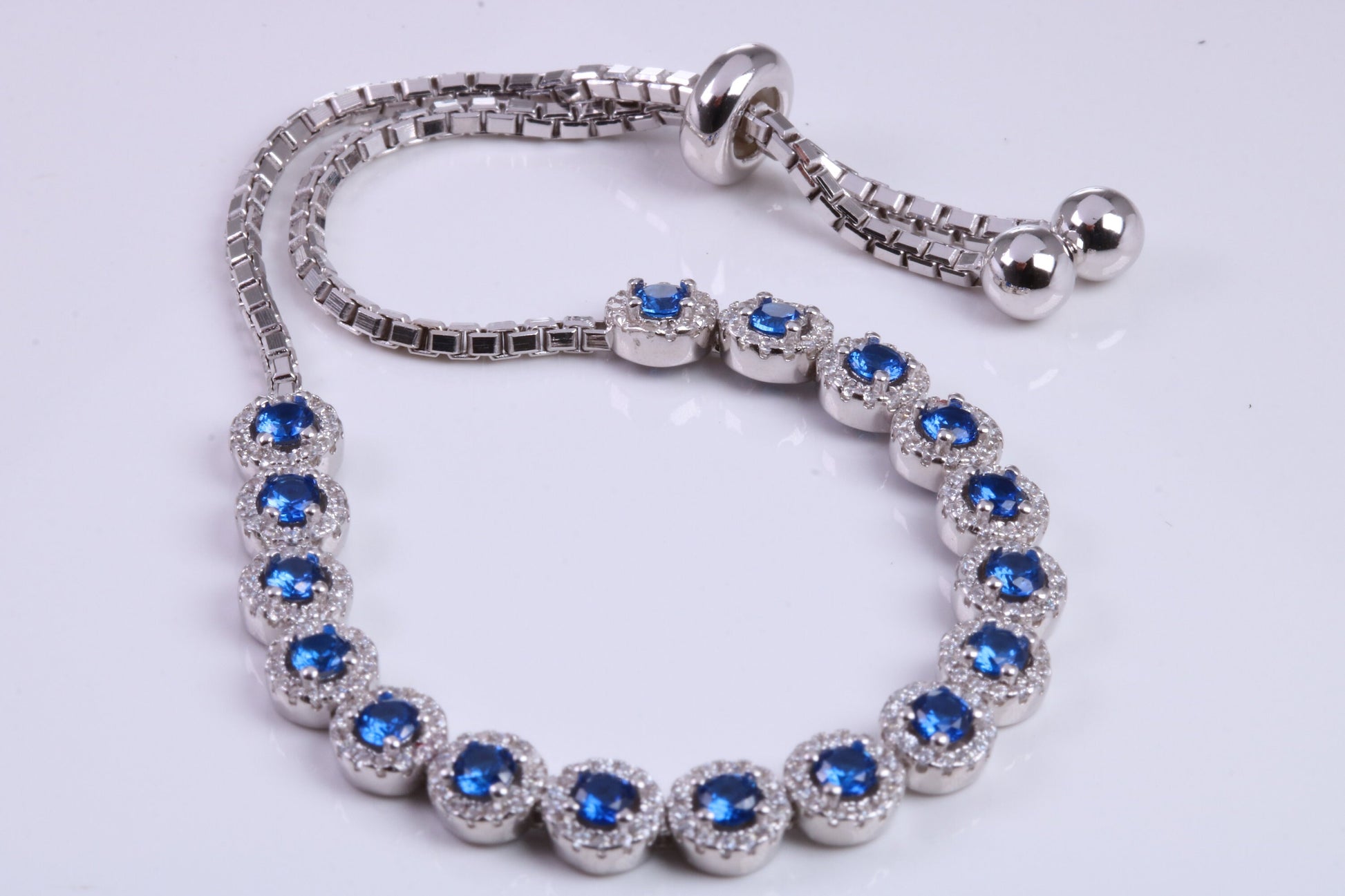 Blue Sapphire Cubic Zirconia set Bracelet, made from solid Sterling Silver, Length Adjustable