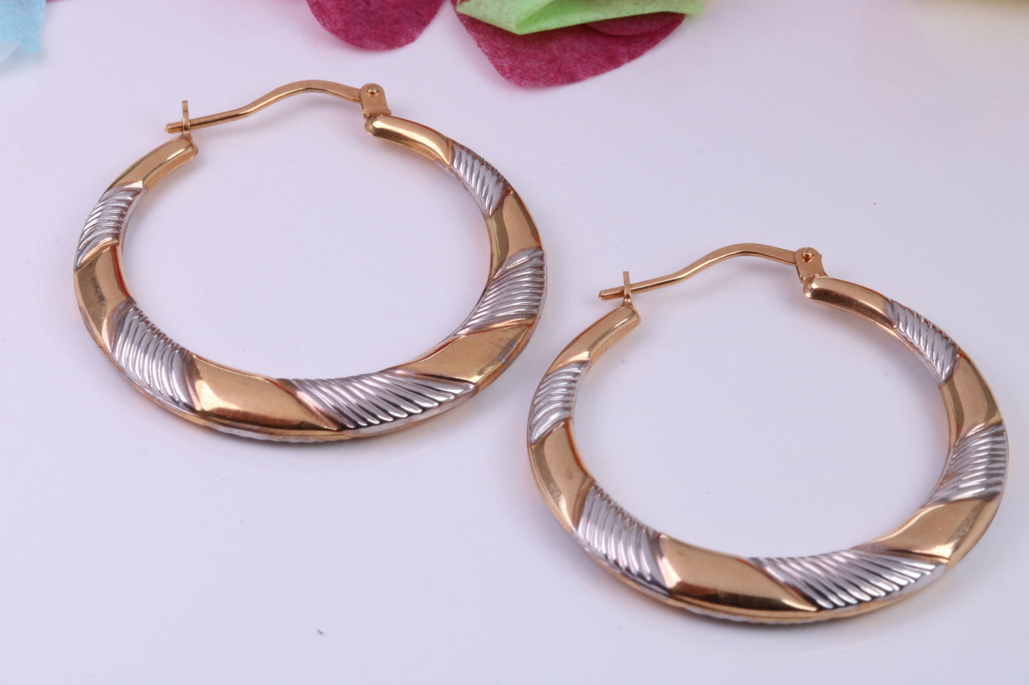 35 mm Round Two Tone Hoop Creole Earrings Made from Solid 9ct Yellow Gold, British Hallmarked