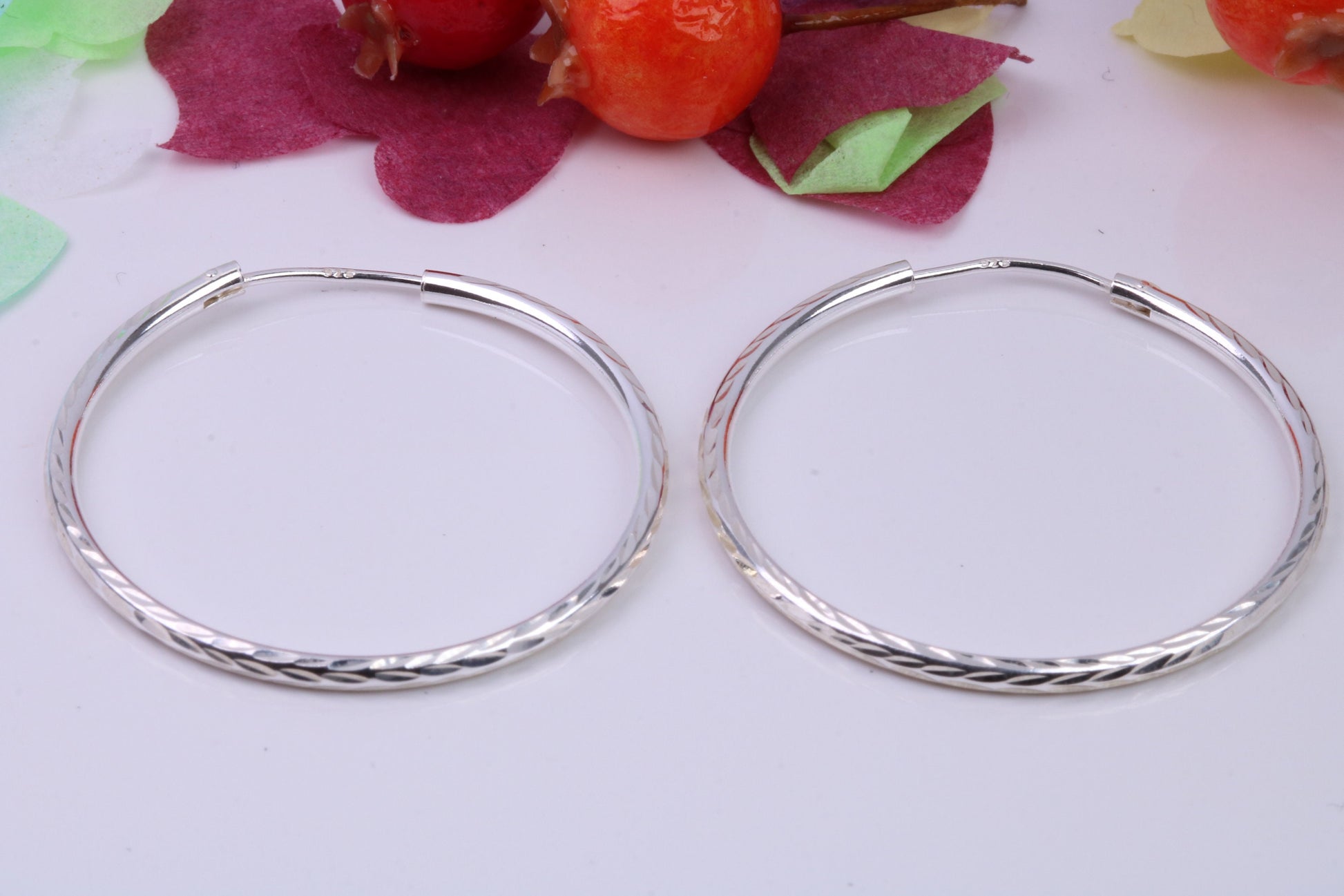 34 mm Round Diamond cut Sleeper Hoop Earrings Made from 925 Grade Sterling Silver