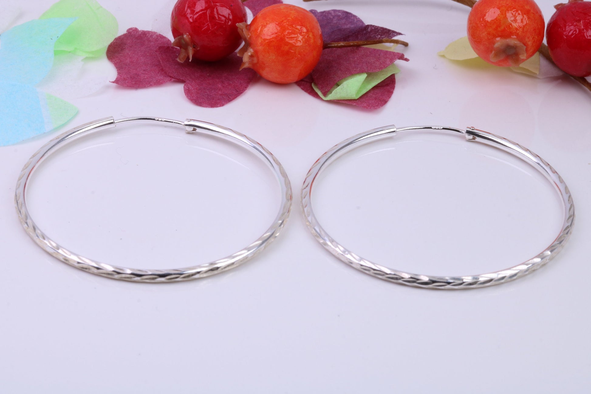 Very Large 44 mm Round Diamond cut Sleeper Hoop Earrings Made from 925 Grade Sterling Silver