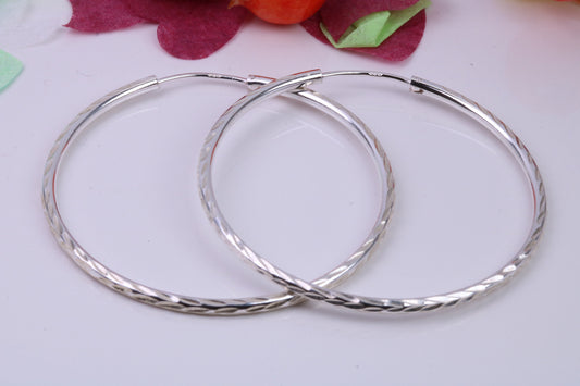 Very Large 44 mm Round Diamond cut Sleeper Hoop Earrings Made from 925 Grade Sterling Silver