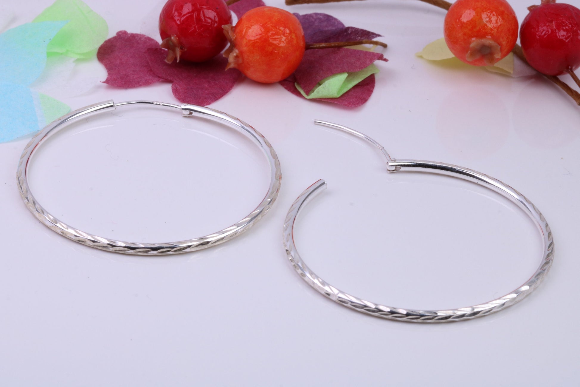 Very Large 44 mm Round Diamond cut Sleeper Hoop Earrings Made from 925 Grade Sterling Silver