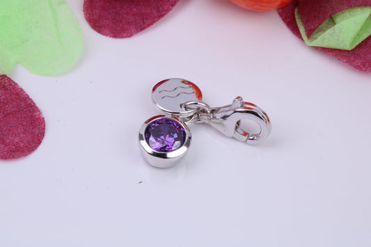 February Amethyst C Z set Charm, Made From 925 Grade Sterling Silver, Birthstone Charm