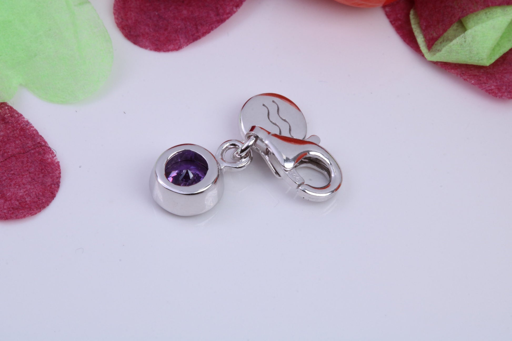 February Amethyst C Z set Charm, Made From 925 Grade Sterling Silver, Birthstone Charm