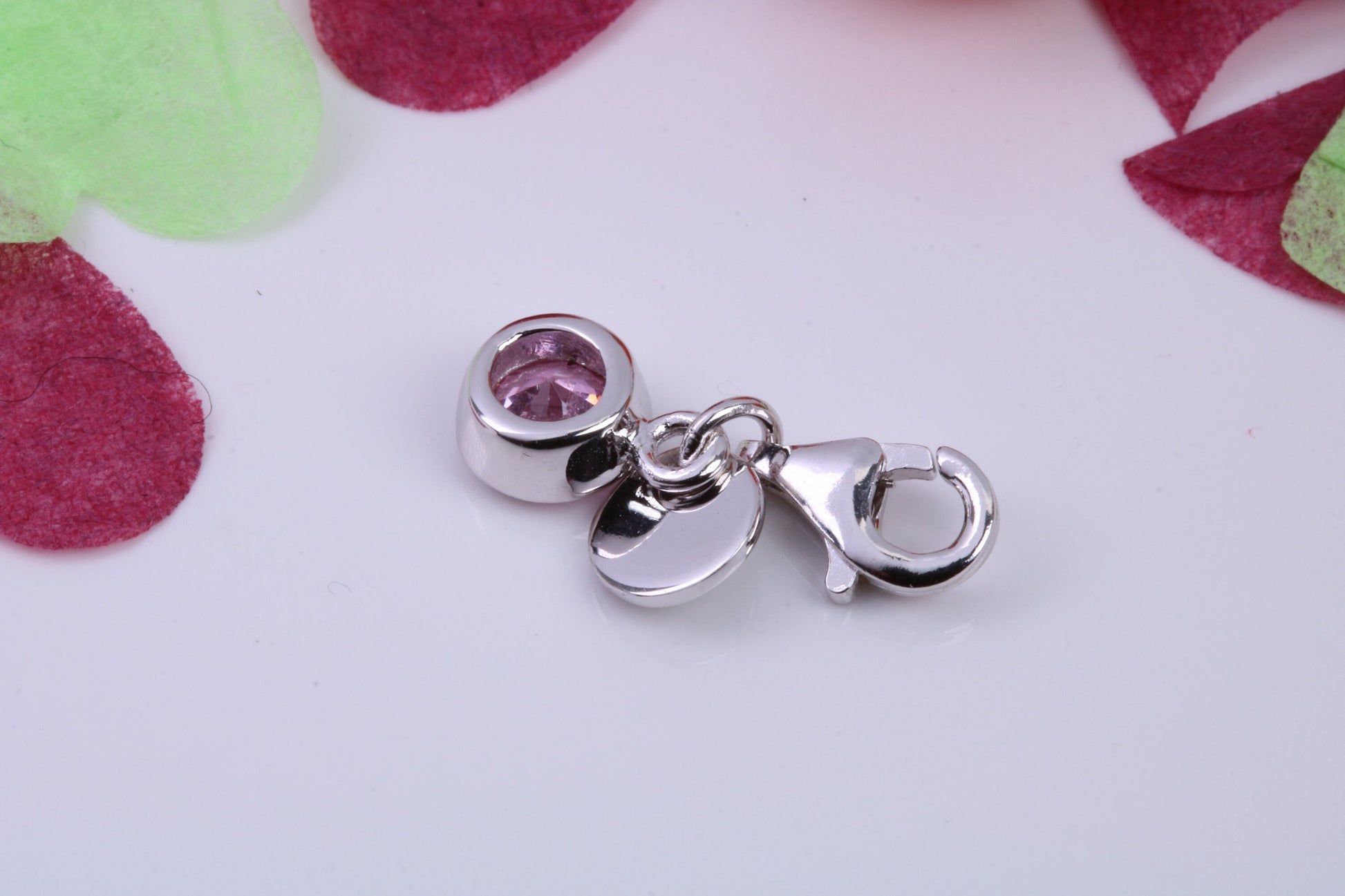 October Pink Rose C Z set Charm, Made From 925 Grade Sterling Silver, Birthstone Charm