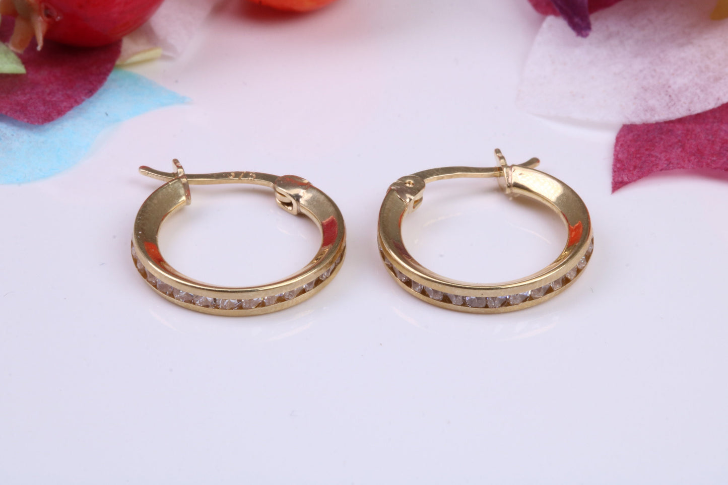 15 mm Round C Z set Hoop Creole Earrings Made from 9ct Yellow Gold, Diamond and Gold Look