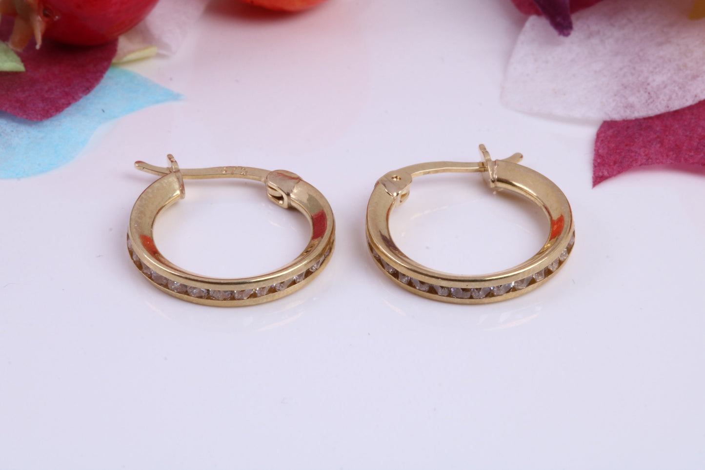 15 mm Round C Z set Hoop Creole Earrings Made from 9ct Yellow Gold, Diamond and Gold Look