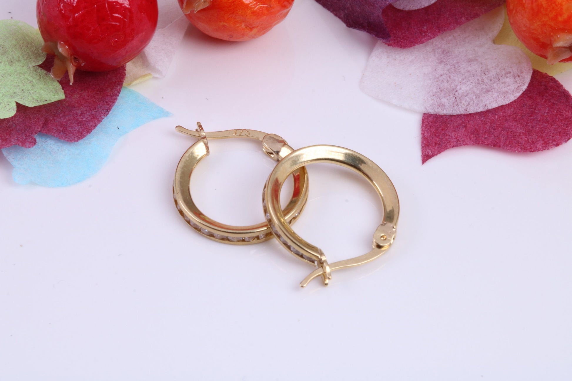 15 mm Round C Z set Hoop Creole Earrings Made from 9ct Yellow Gold, Diamond and Gold Look