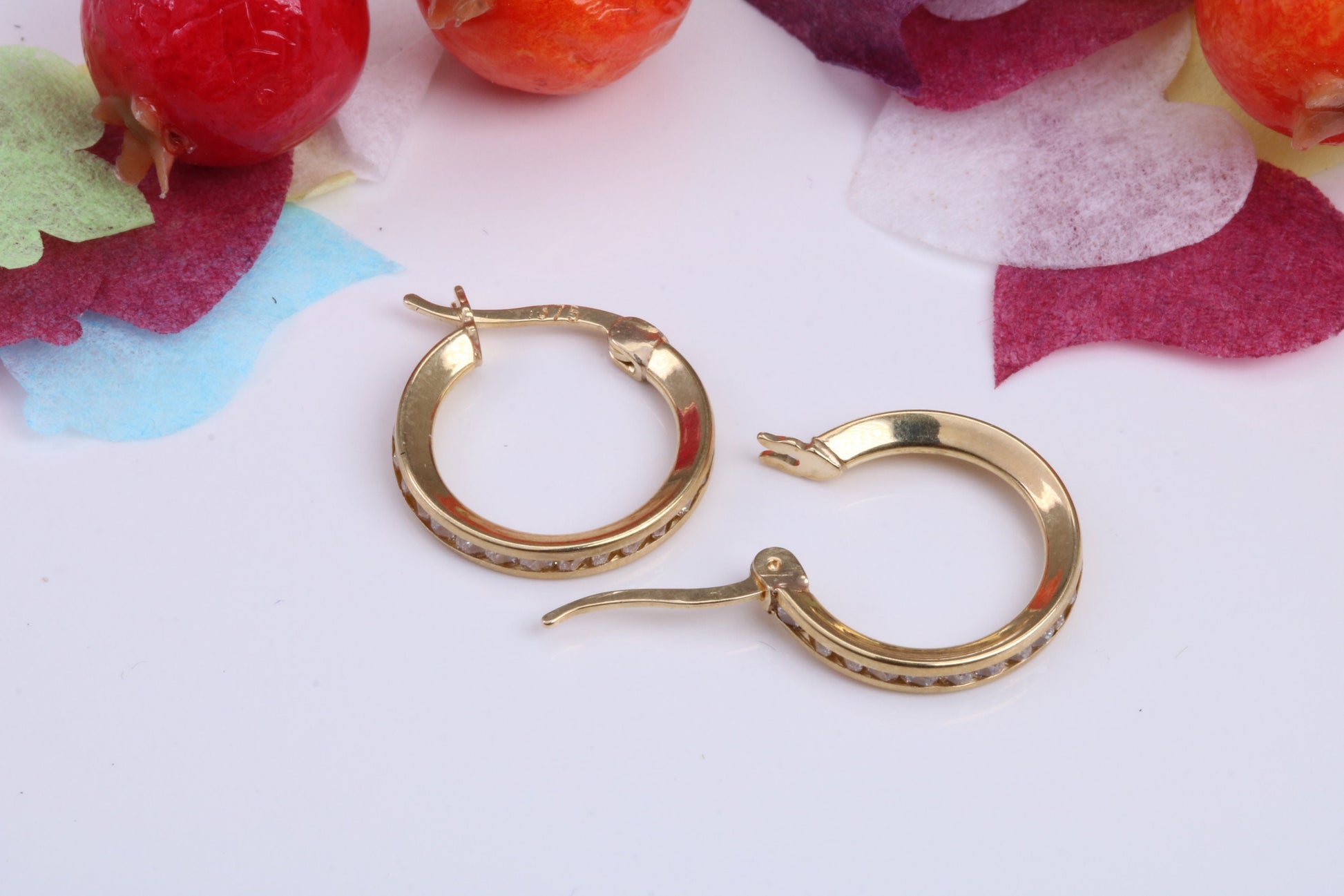 15 mm Round C Z set Hoop Creole Earrings Made from 9ct Yellow Gold, Diamond and Gold Look