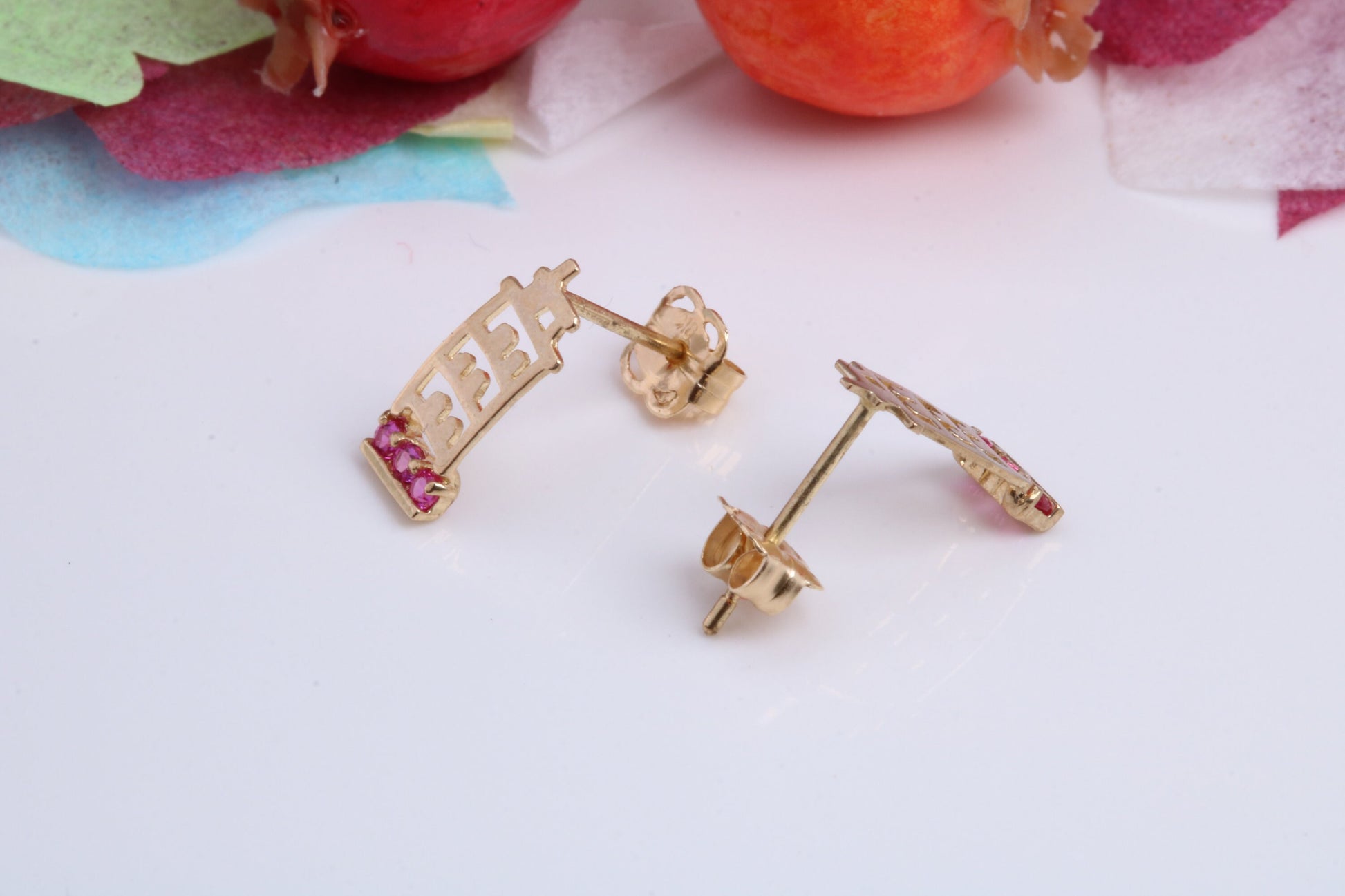 Leaning Tower of Pisa, Red C Z set Stud Earrings Made from 9ct Yellow Gold