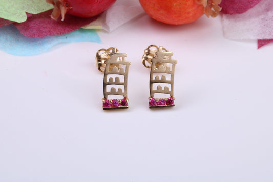 Leaning Tower of Pisa, Red C Z set Stud Earrings Made from 9ct Yellow Gold