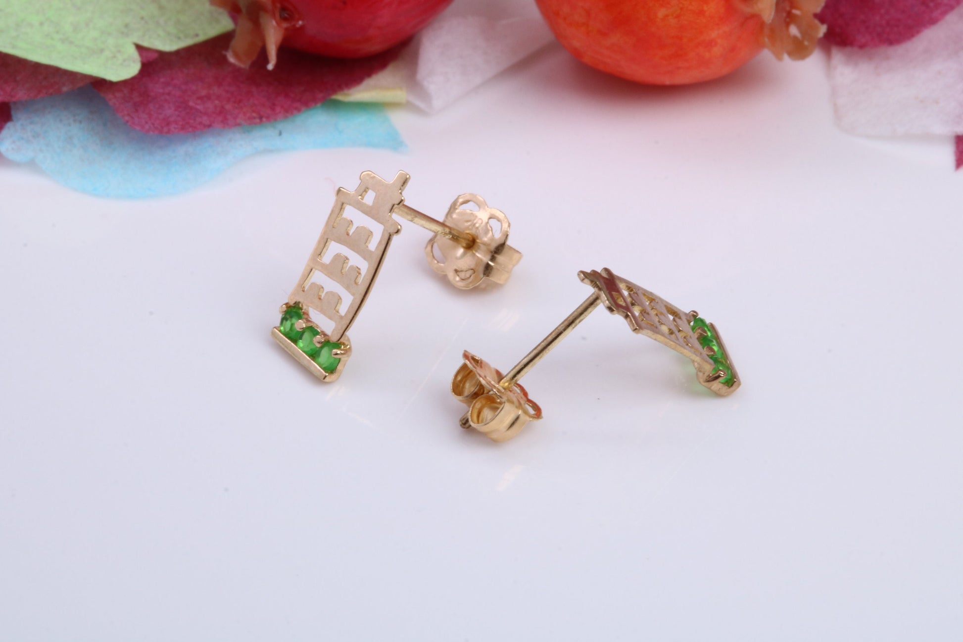 Leaning Tower of Pisa, Green C Z set Stud Earrings Made from 9ct Yellow Gold