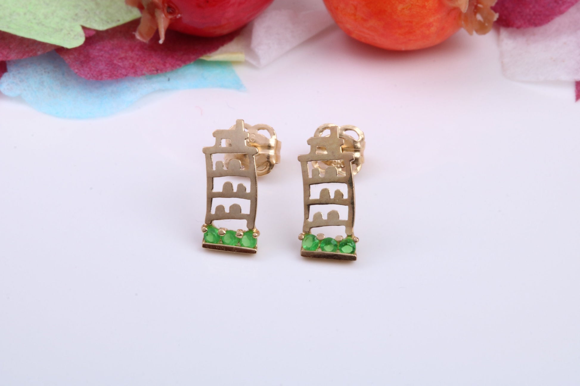 Leaning Tower of Pisa, Green C Z set Stud Earrings Made from 9ct Yellow Gold