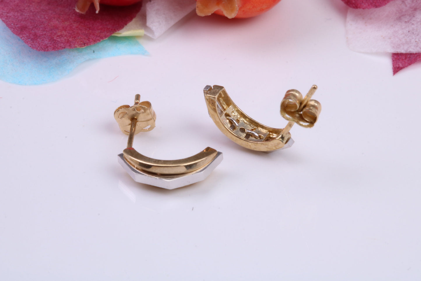 Two Tone Gold Half Hoops Stud Earrings Made from 9ct Yellow Gold