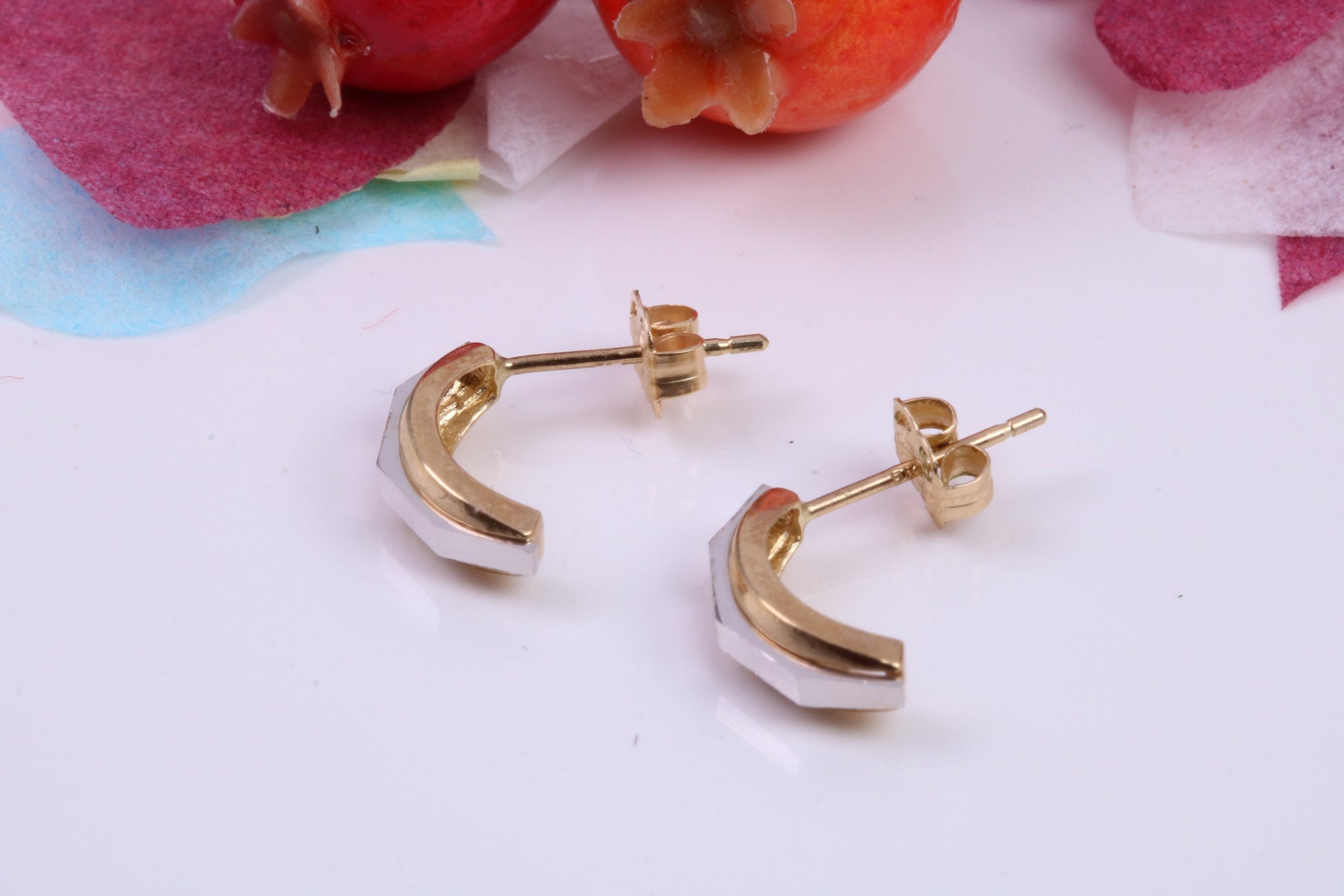 Two Tone Gold Half Hoops Stud Earrings Made from 9ct Yellow Gold