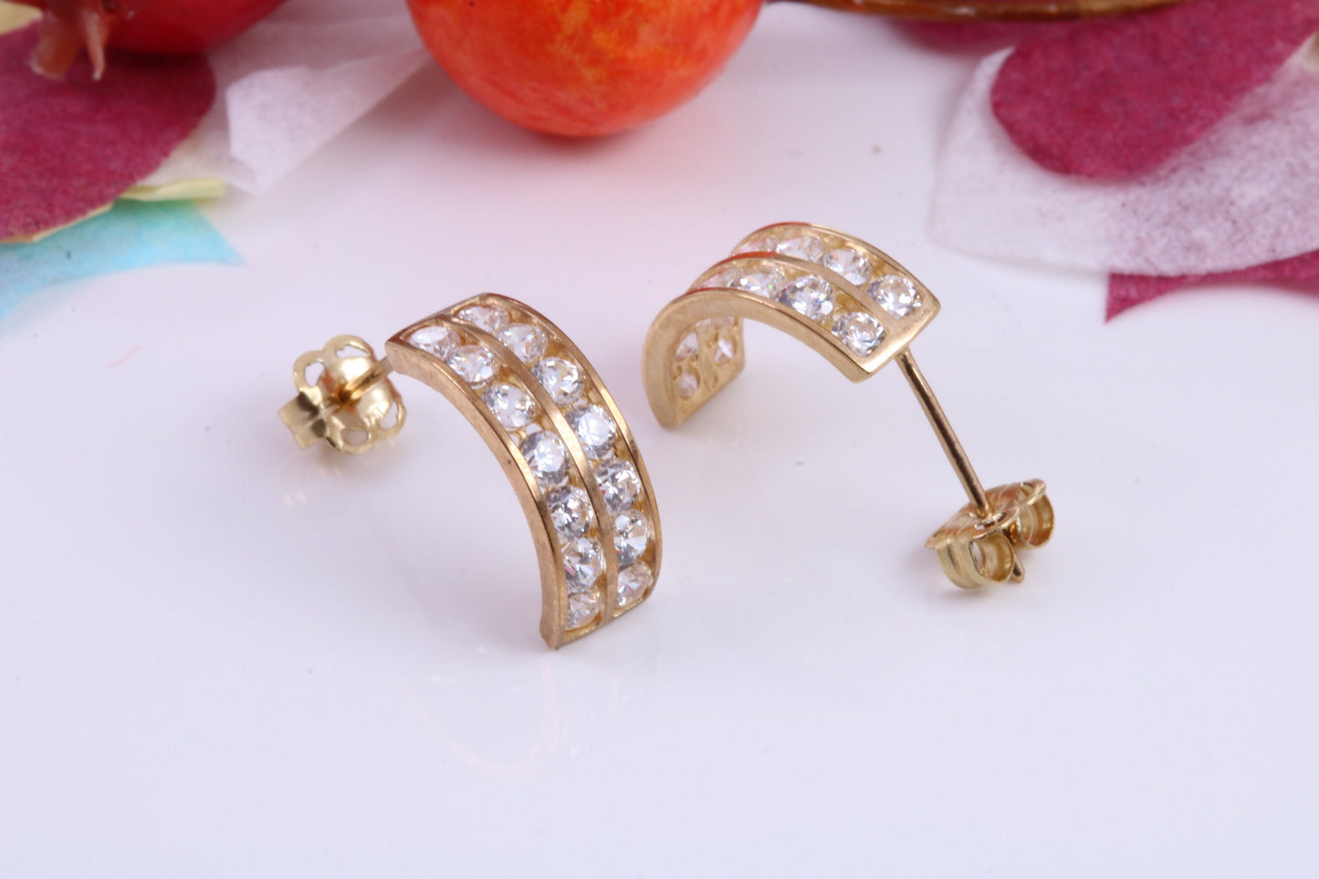 Half Hoops Cubic Zirconia set Stud Earrings Made from 9ct Yellow Gold, Diamond and Gold Look