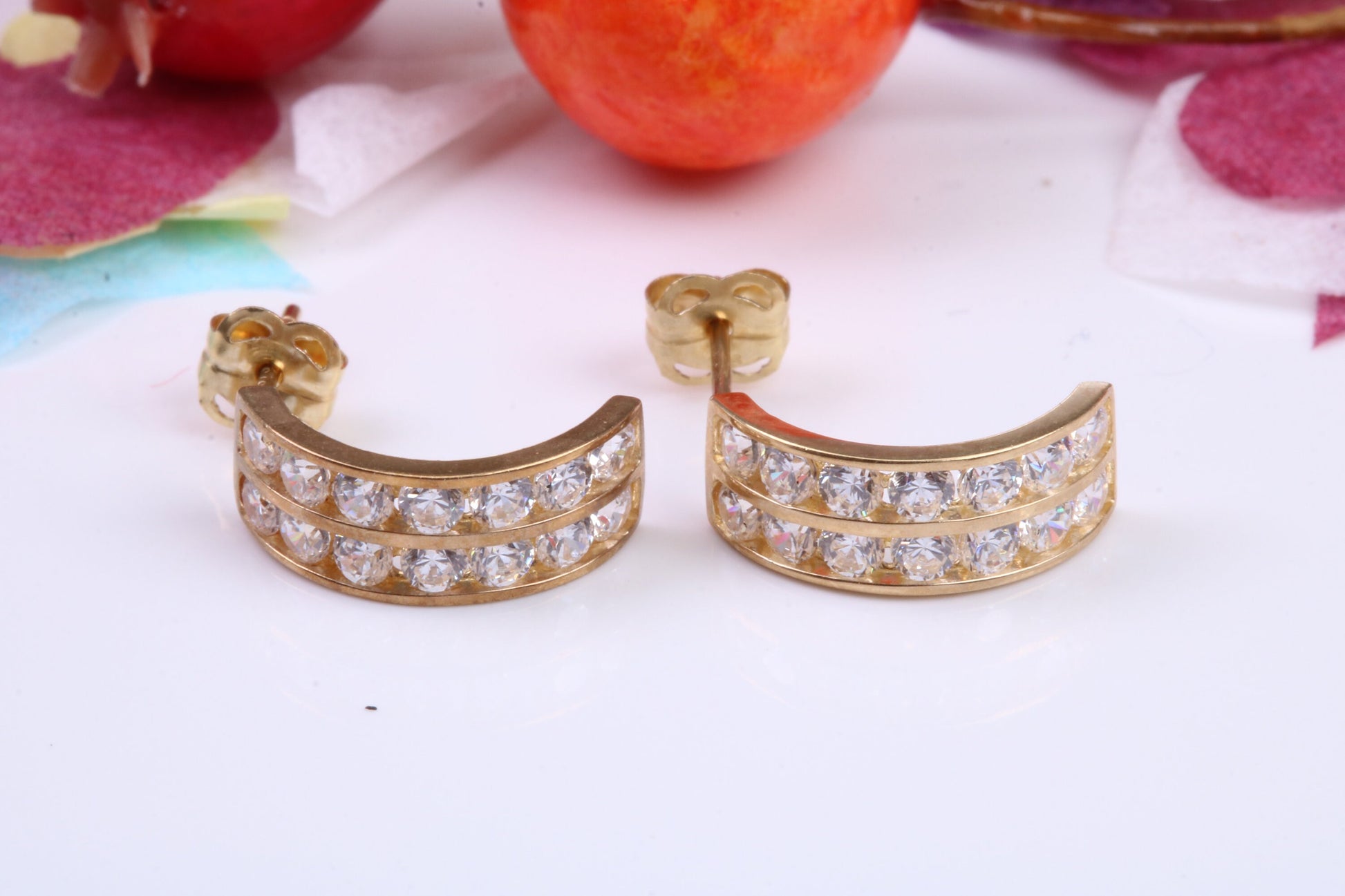 Half Hoops Cubic Zirconia set Stud Earrings Made from 9ct Yellow Gold, Diamond and Gold Look