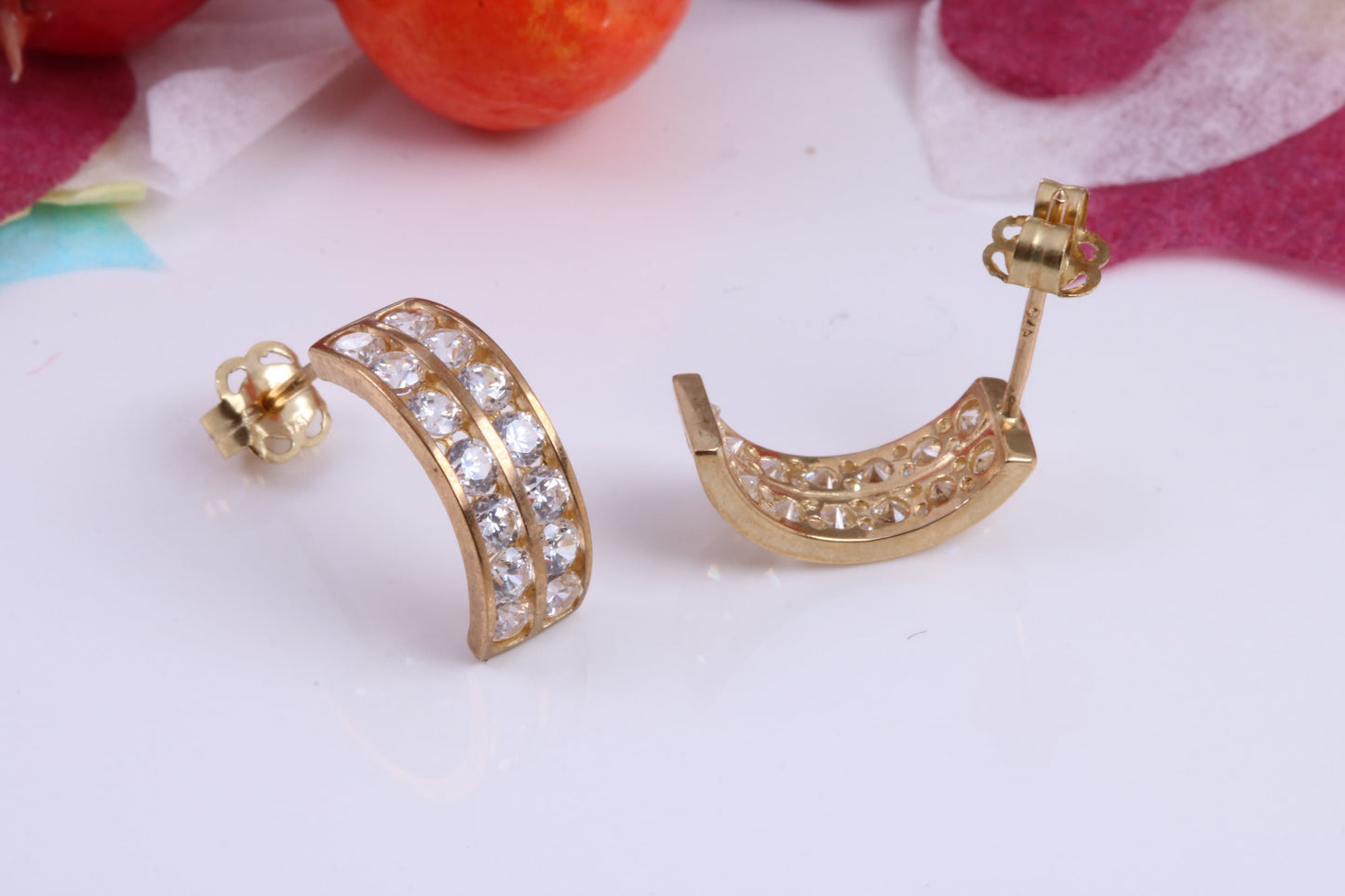 Half Hoops Cubic Zirconia set Stud Earrings Made from 9ct Yellow Gold, Diamond and Gold Look