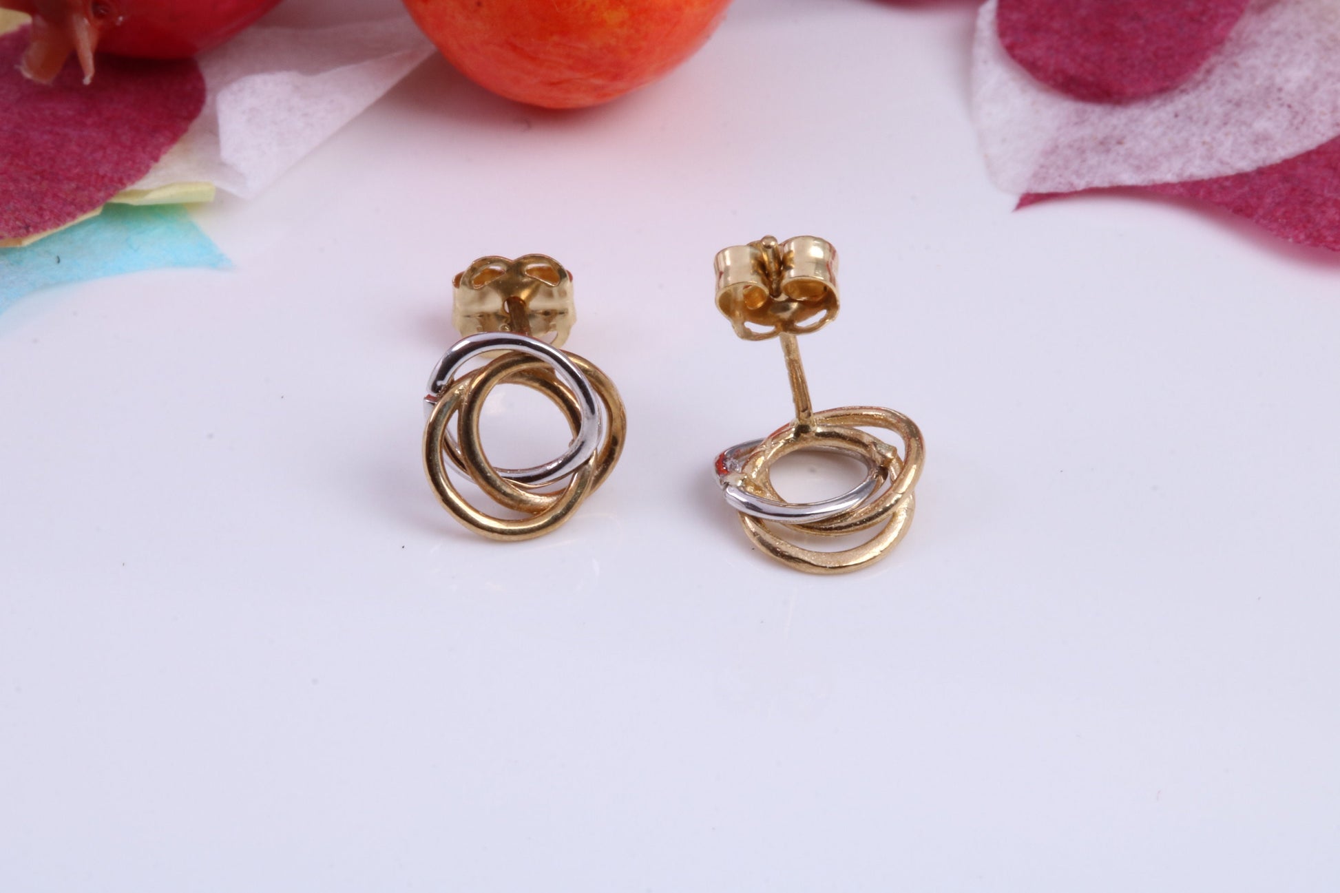 Three Tone Gold Stud Earrings Made from 9ct Yellow Gold