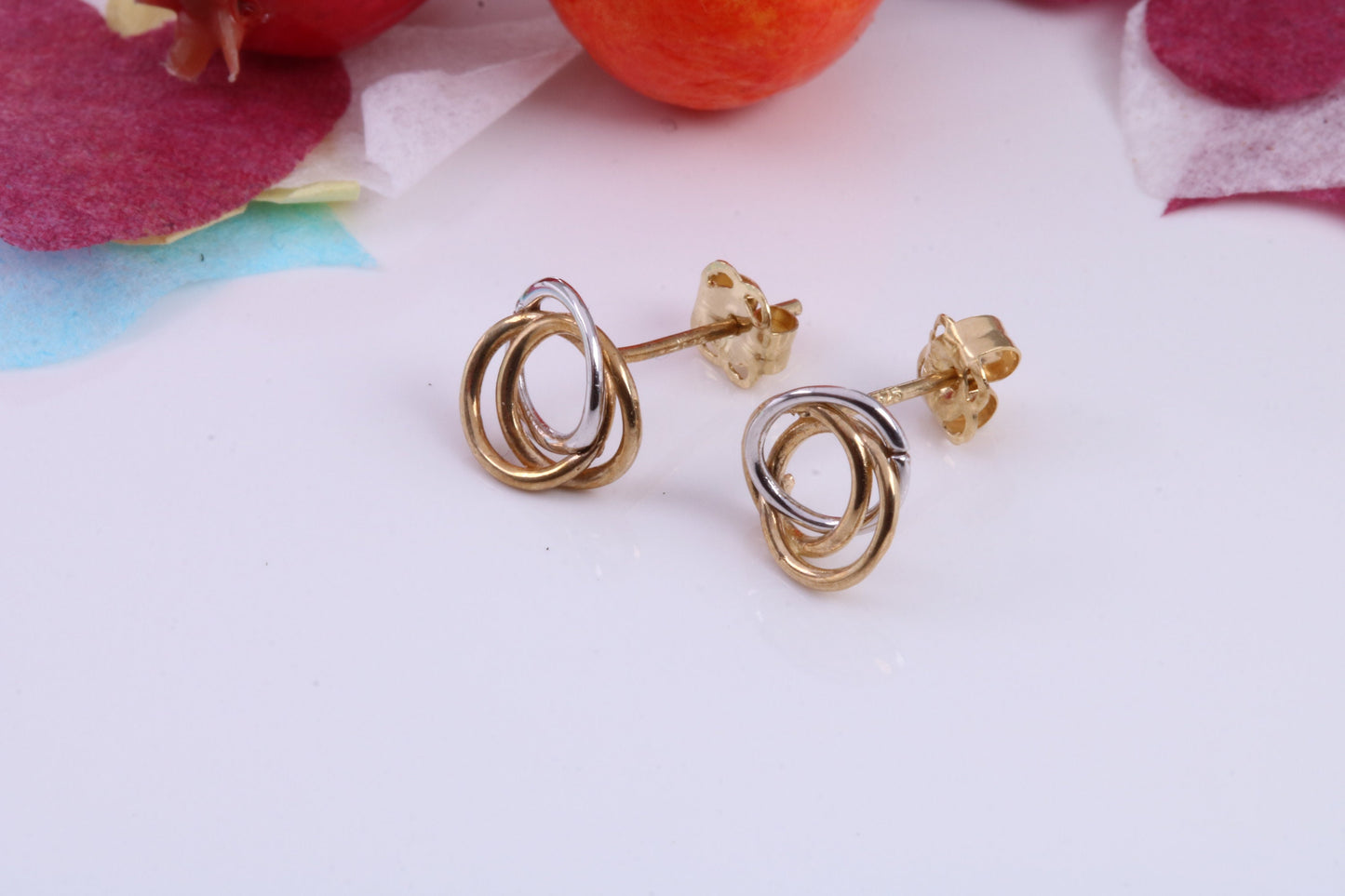 Three Tone Gold Stud Earrings Made from 9ct Yellow Gold