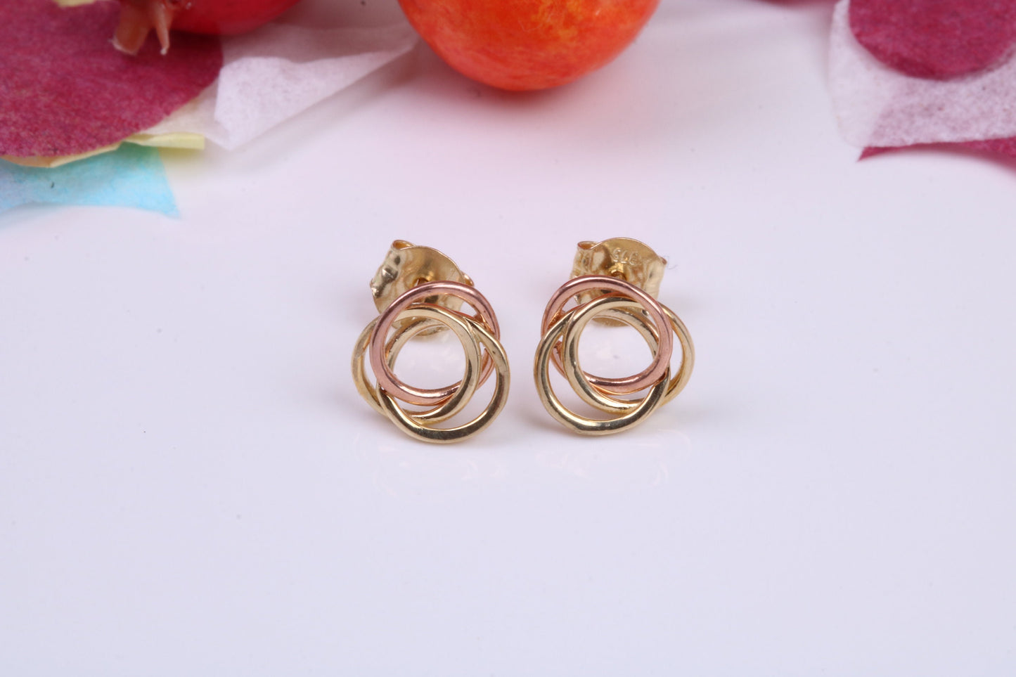 Three Tone Gold Stud Earrings Made from 9ct Yellow Gold