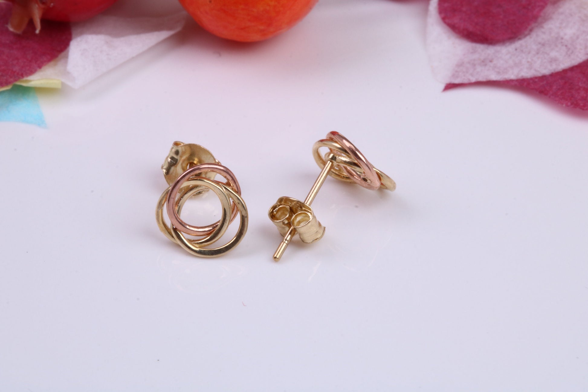 Three Tone Gold Stud Earrings Made from 9ct Yellow Gold