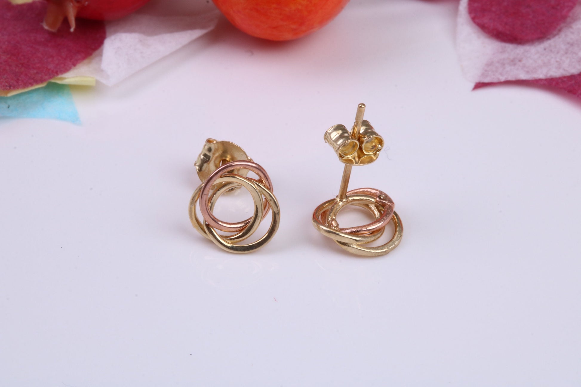 Three Tone Gold Stud Earrings Made from 9ct Yellow Gold