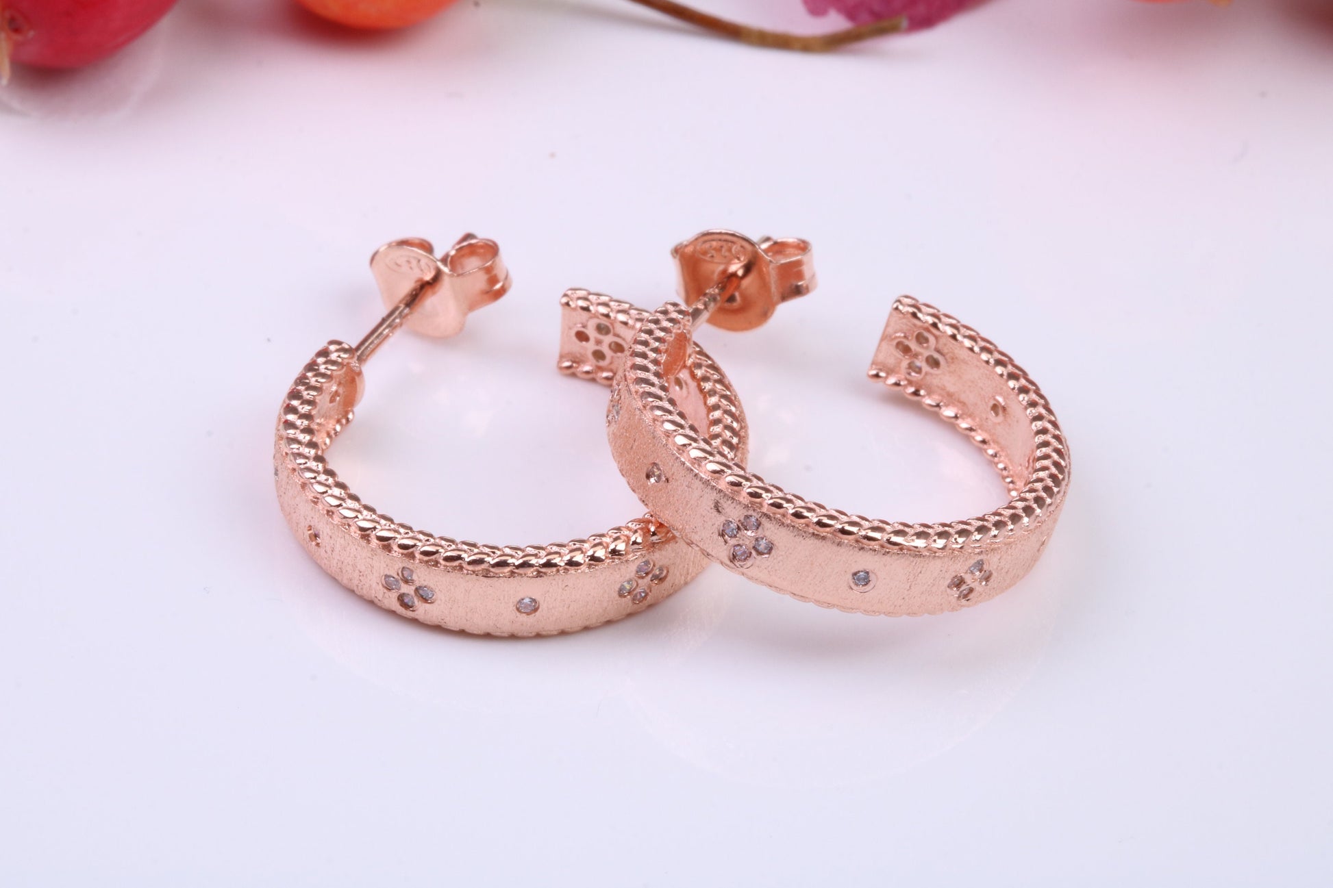 20 mm Round Creole Hoop Earrings Made from 925 Grade Sterling Silver, C Z set and Rose Gold Pated