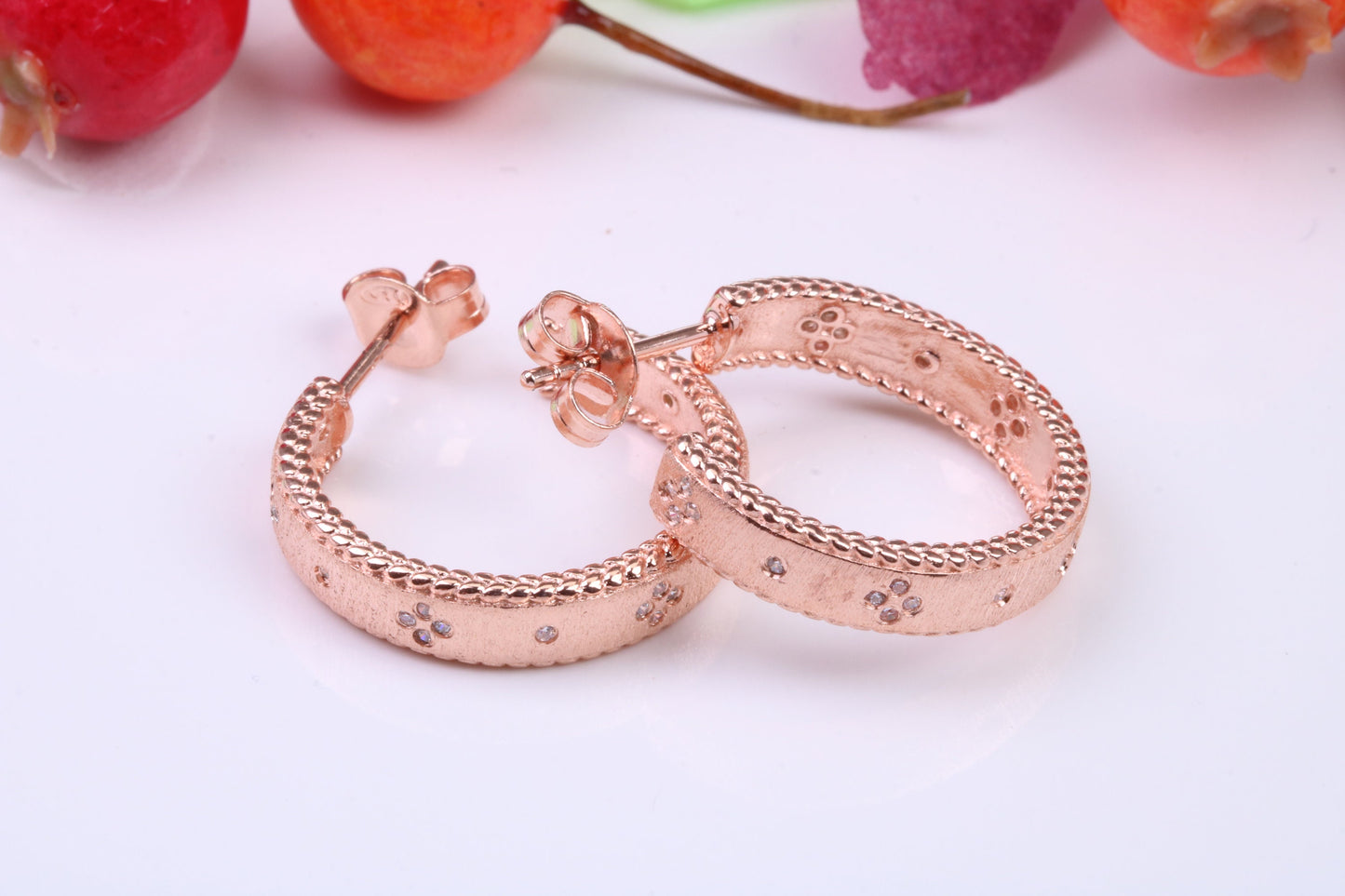 20 mm Round Creole Hoop Earrings Made from 925 Grade Sterling Silver, C Z set and Rose Gold Pated