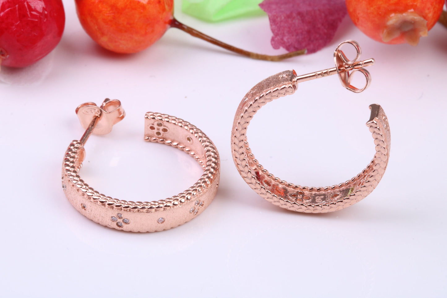 20 mm Round Creole Hoop Earrings Made from 925 Grade Sterling Silver, C Z set and Rose Gold Pated