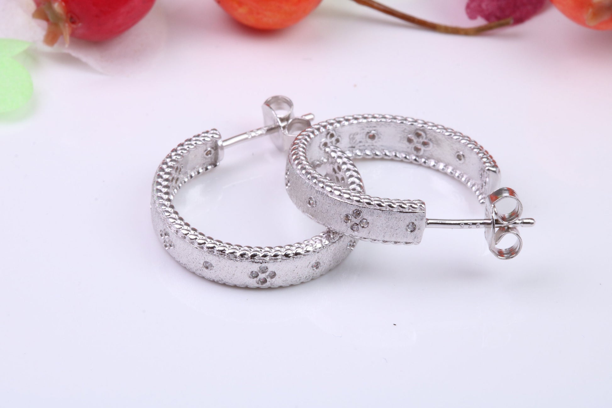 20 mm Round Creole Hoop Earrings Made from 925 Grade Sterling Silver, C Z set and White Gold Pated