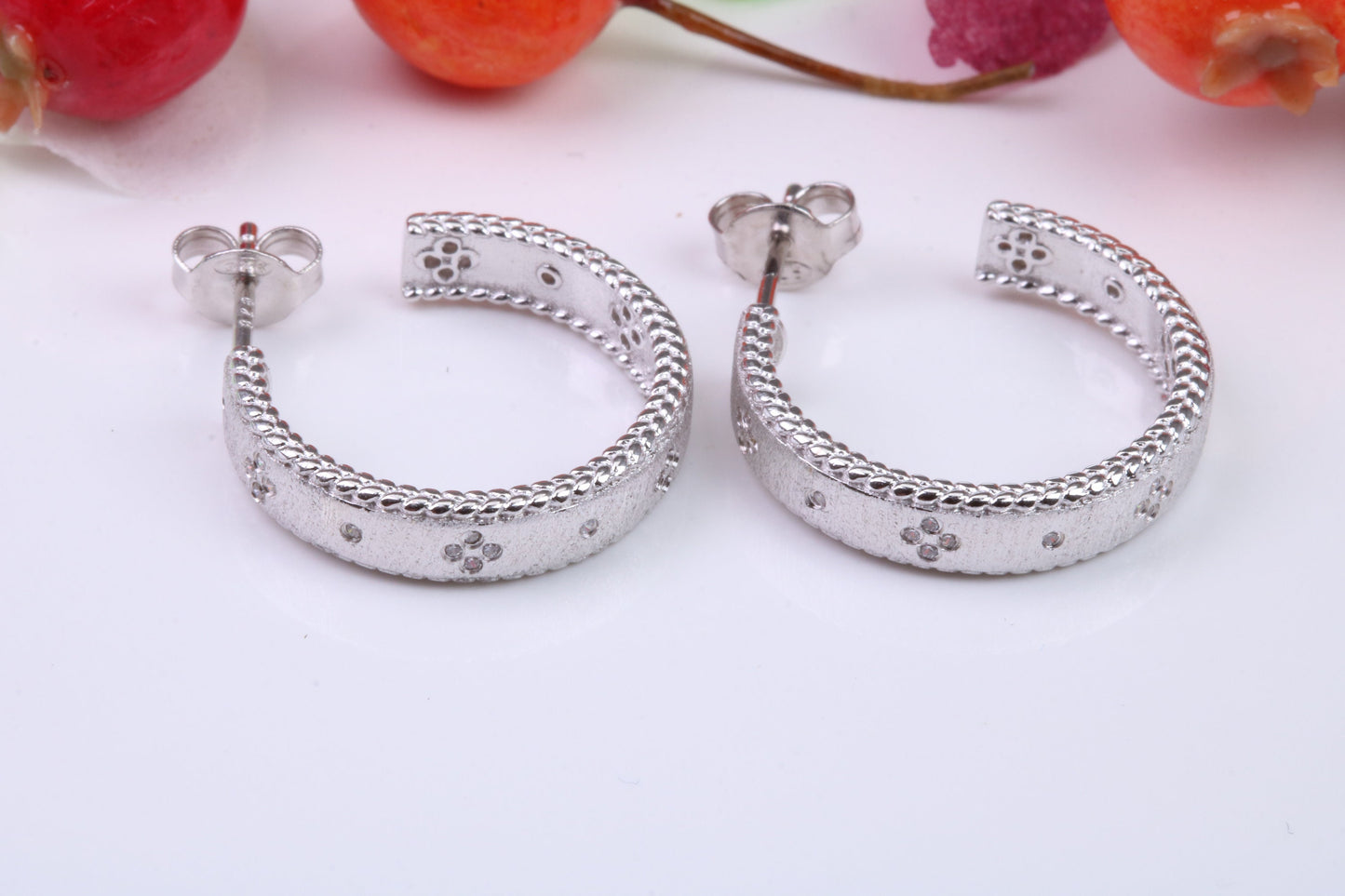 20 mm Round Creole Hoop Earrings Made from 925 Grade Sterling Silver, C Z set and White Gold Pated