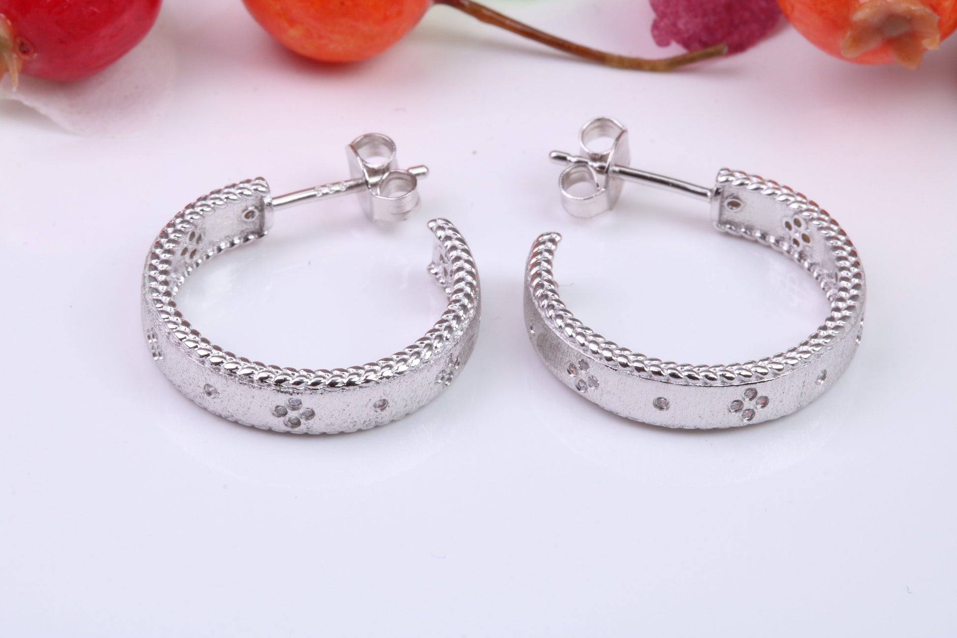 20 mm Round Creole Hoop Earrings Made from 925 Grade Sterling Silver, C Z set and White Gold Pated