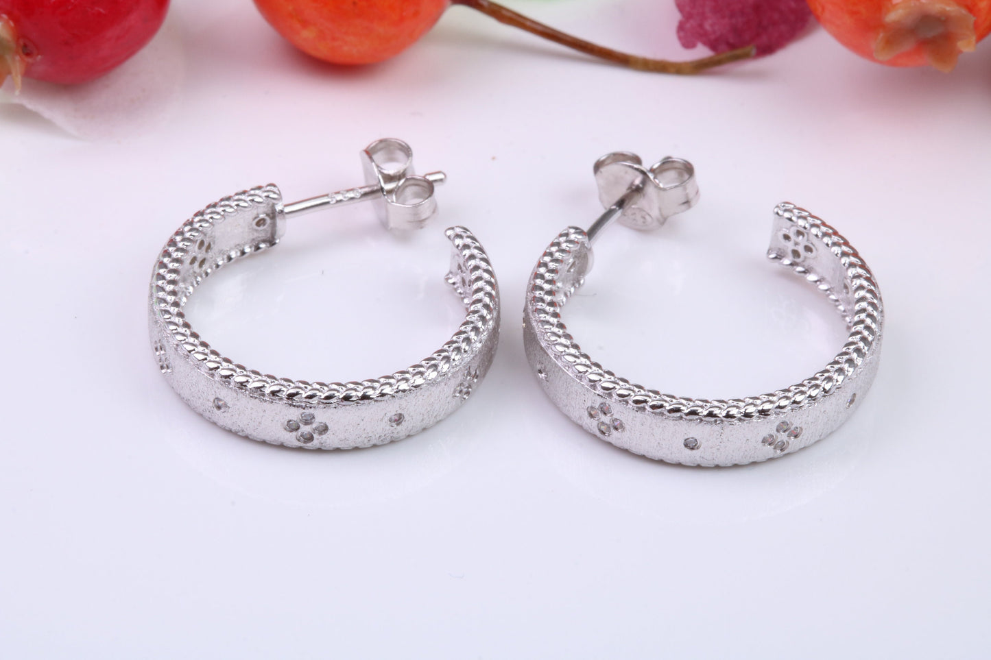 20 mm Round Creole Hoop Earrings Made from 925 Grade Sterling Silver, C Z set and White Gold Pated