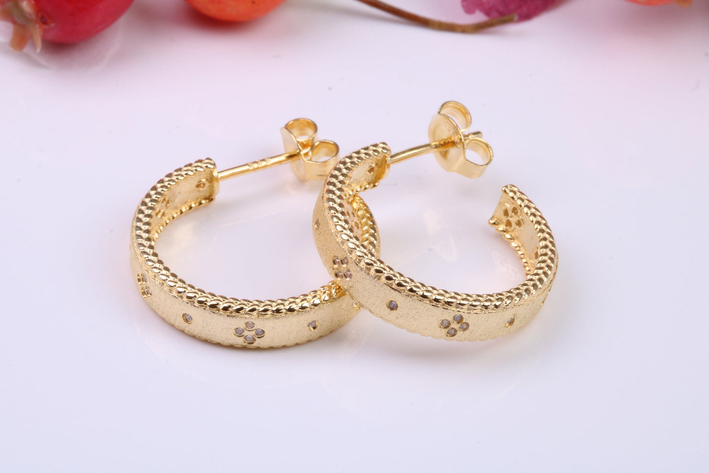 20 mm Round Creole Hoop Earrings Made from 925 Grade Sterling Silver, C Z set and Yellow Gold Pated