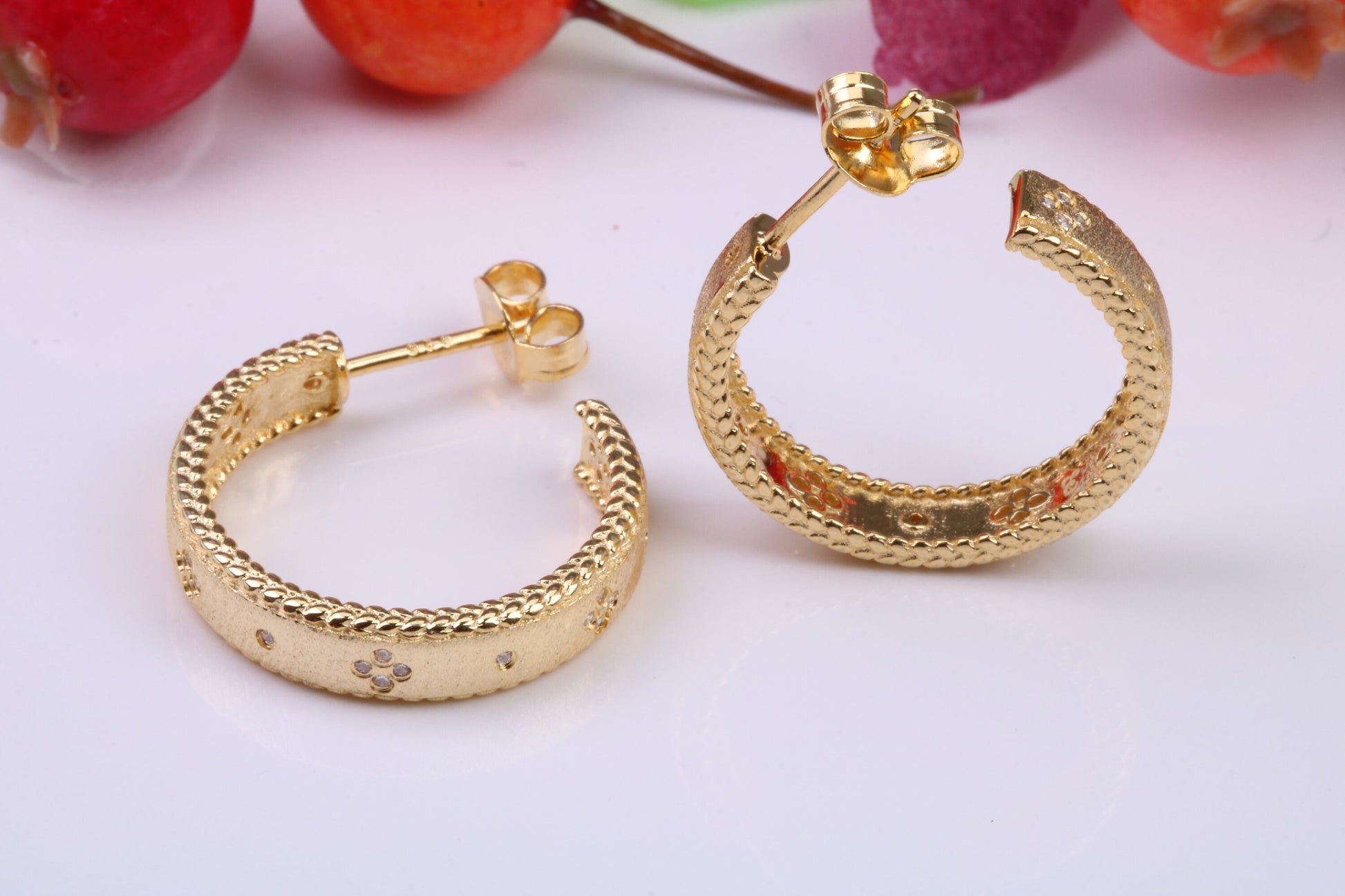 20 mm Round Creole Hoop Earrings Made from 925 Grade Sterling Silver, C Z set and Yellow Gold Pated